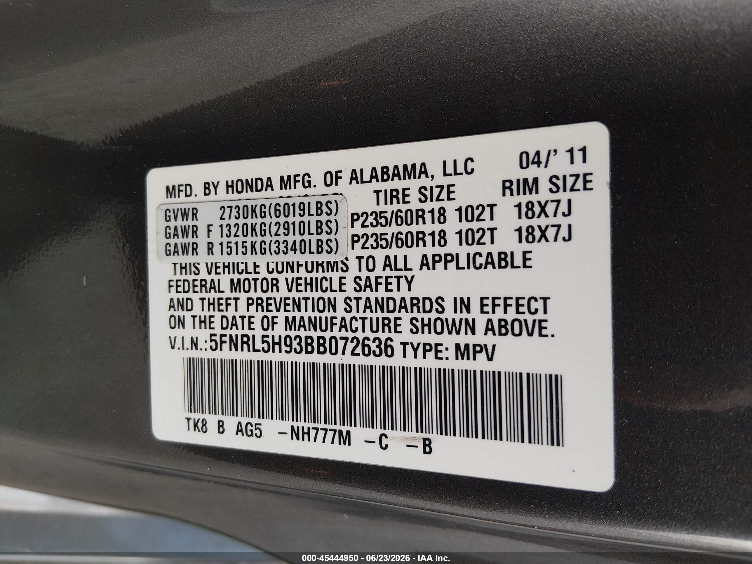 2011 Honda Odyssey Touring/touring Elite Gray vin: 5FNRL5H93BB072636