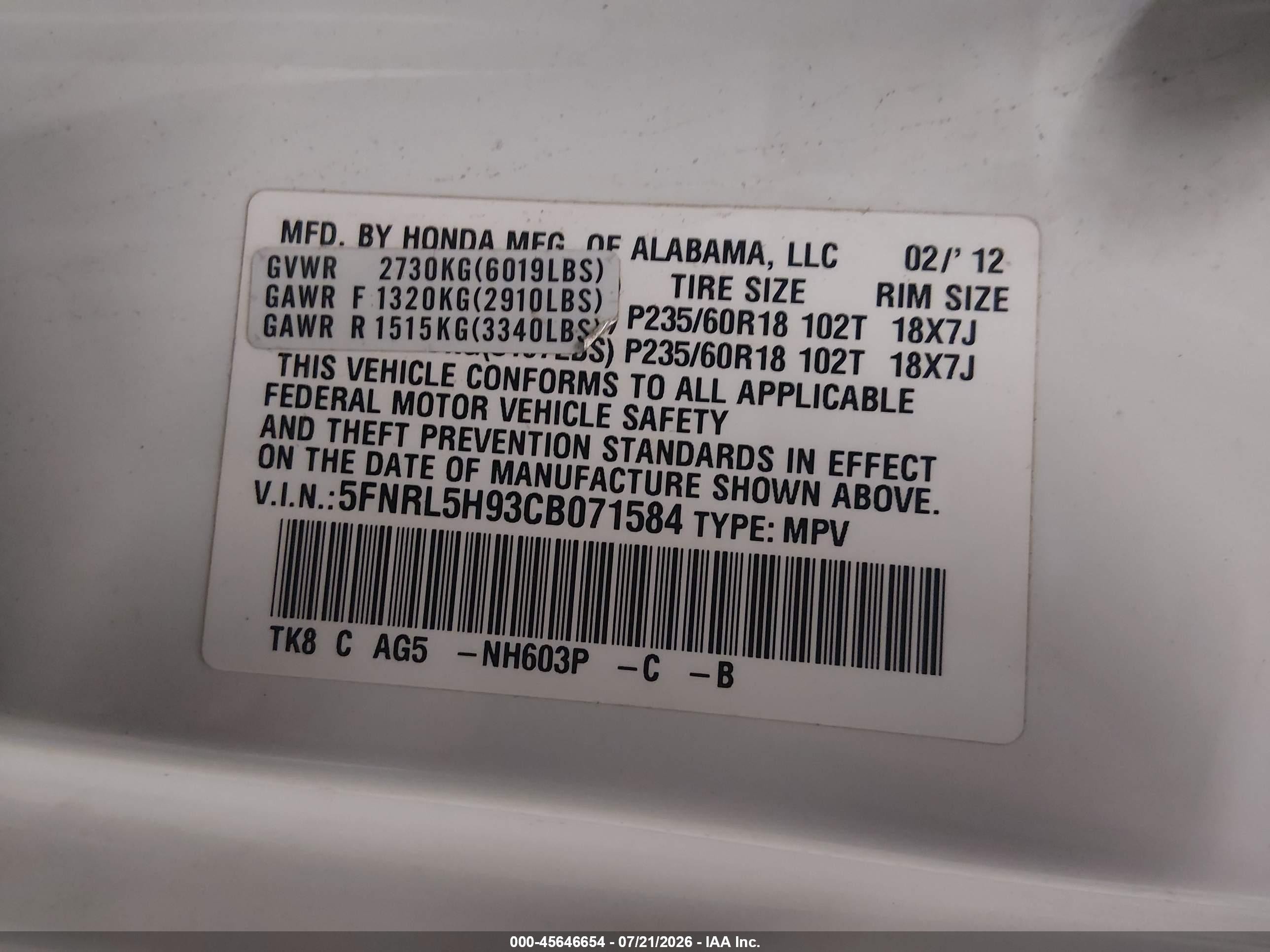 2012 Honda Odyssey Touring/touring Elite White vin: 5FNRL5H93CB071584