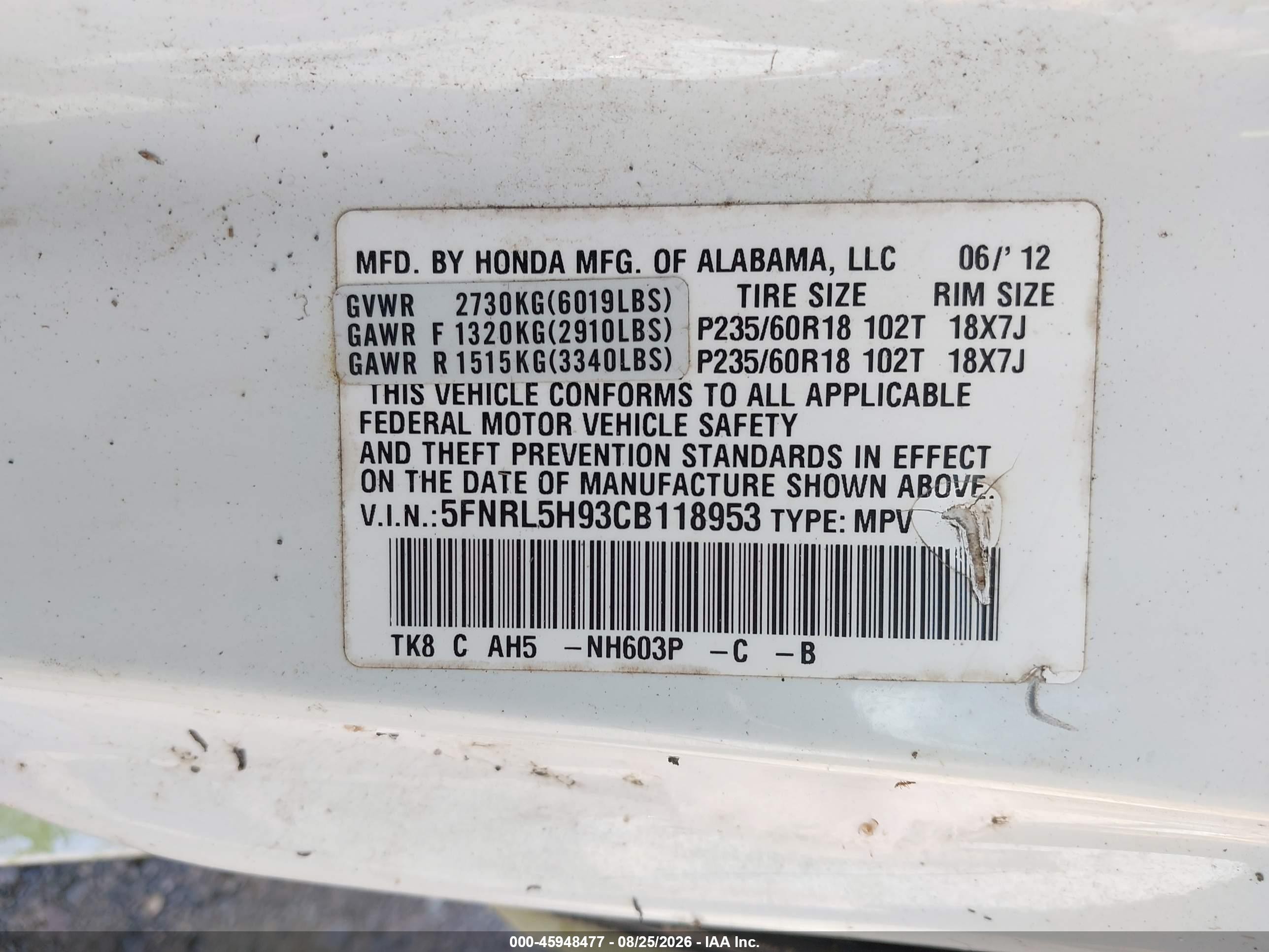 2012 Honda Odyssey Touring/touring Elite White vin: 5FNRL5H93CB118953