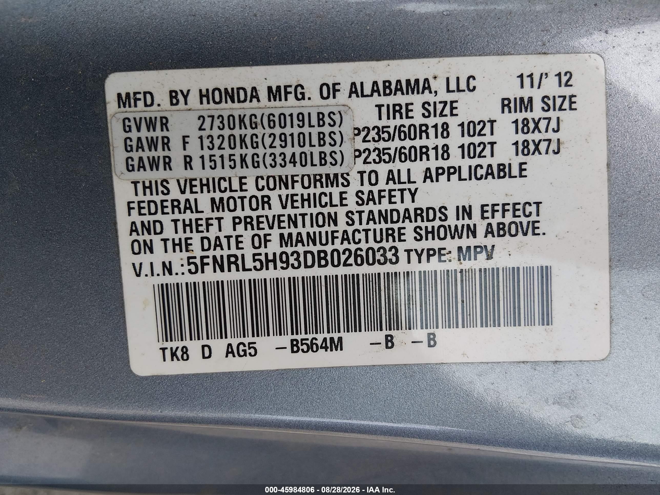 2013 Honda Odyssey Touring/touring Elite Blue vin: 5FNRL5H93DB026033