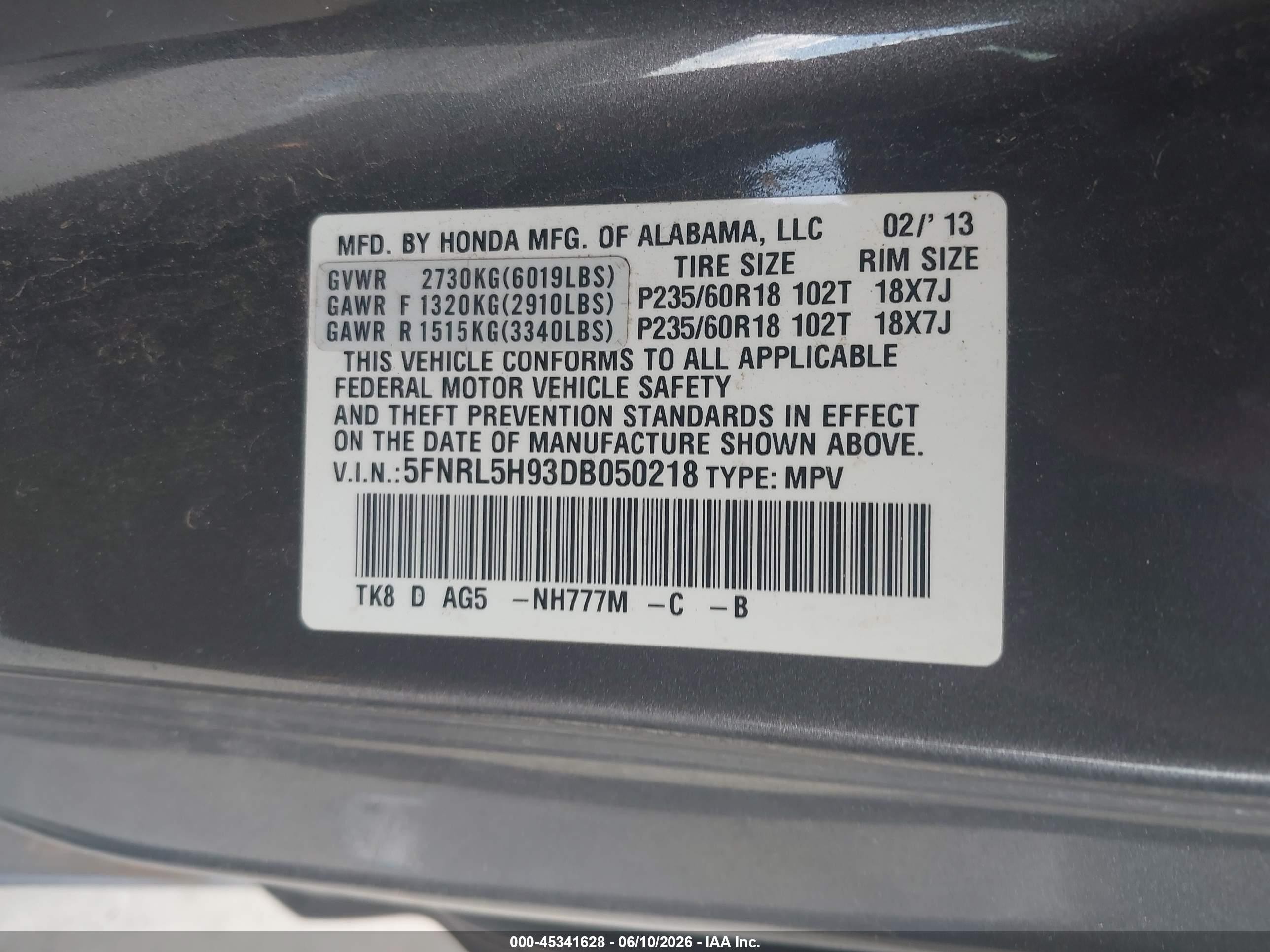 2013 Honda Odyssey Touring/touring Elite Серый vin: 5FNRL5H93DB050218