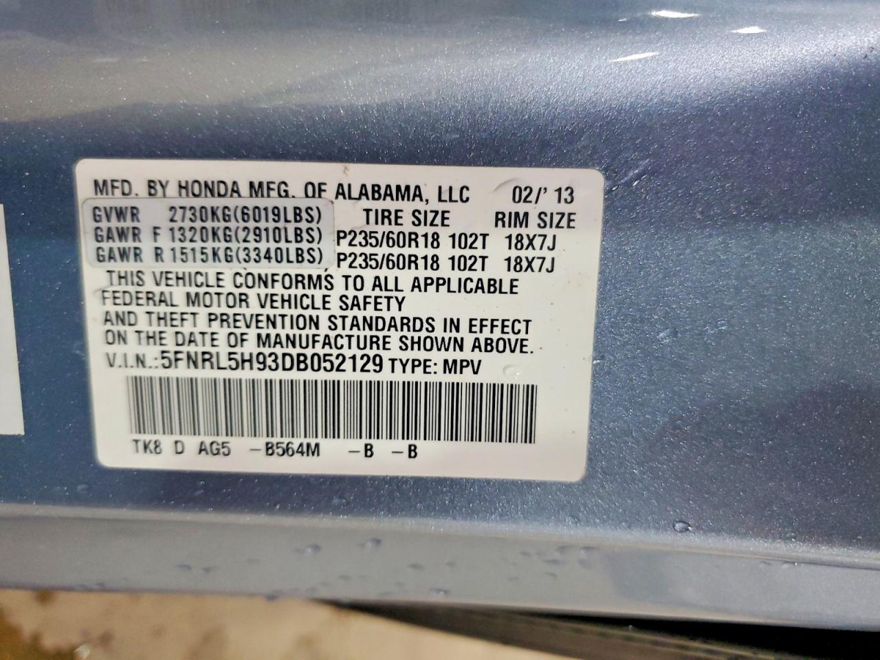 2013 Honda Odyssey Touring Blue vin: 5FNRL5H93DB052129