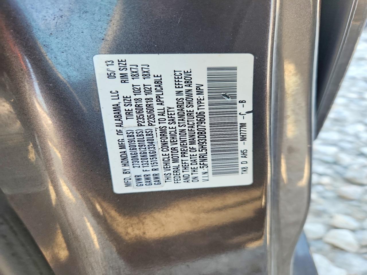 2013 Honda Odyssey Touring Gray vin: 5FNRL5H93DB079606