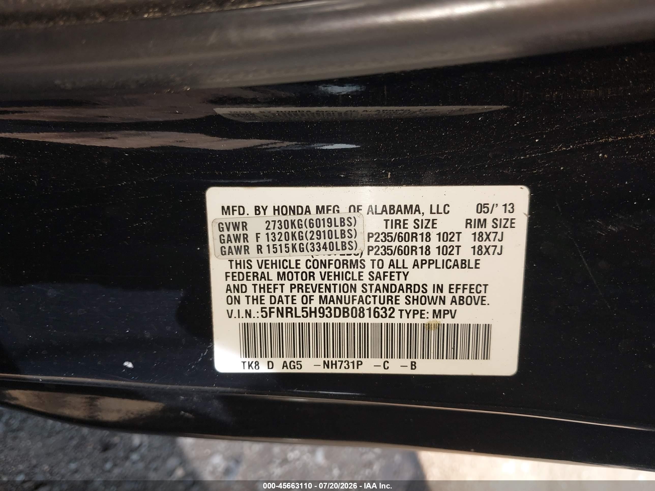 2013 Honda Odyssey Touring/touring Elite Black vin: 5FNRL5H93DB081632