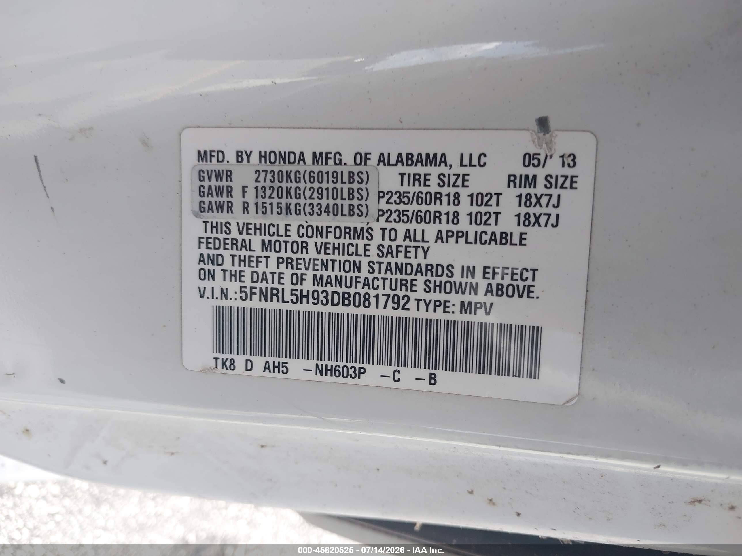 2013 Honda Odyssey Touring/touring Elite White vin: 5FNRL5H93DB081792