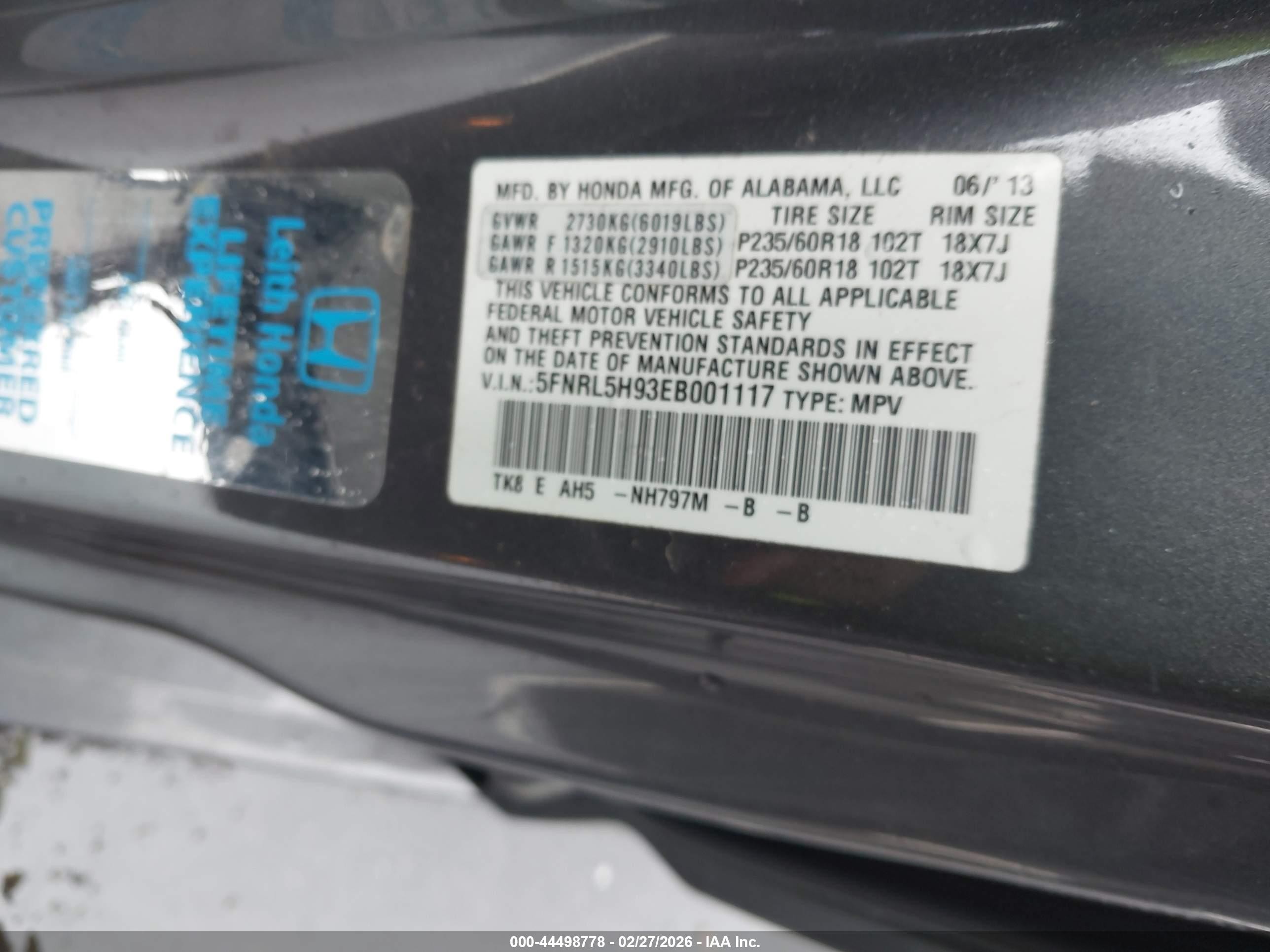 2014 Honda Odyssey Touring/touring Elite Gray vin: 5FNRL5H93EB001117