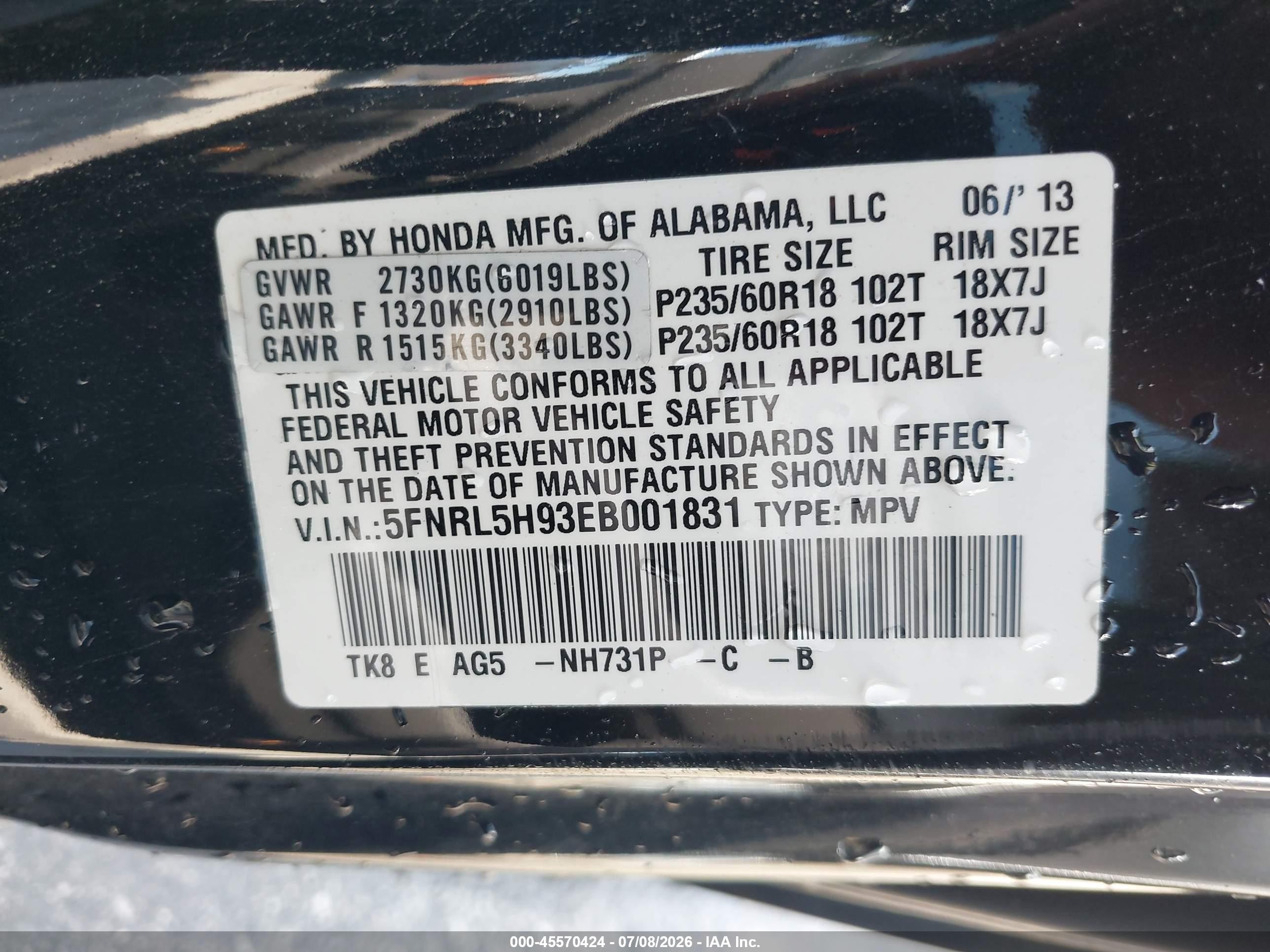2014 Honda Odyssey Touring/touring Elite Black vin: 5FNRL5H93EB001831