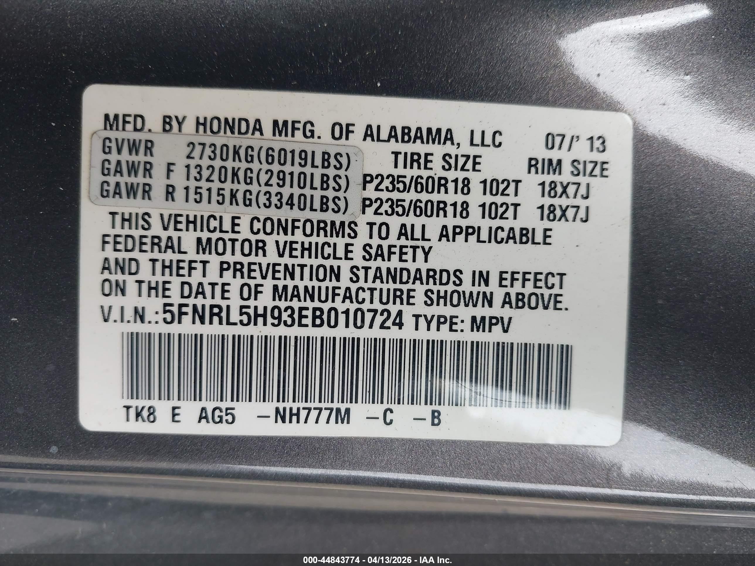 2014 Honda Odyssey Touring/touring Elite Gray vin: 5FNRL5H93EB010724