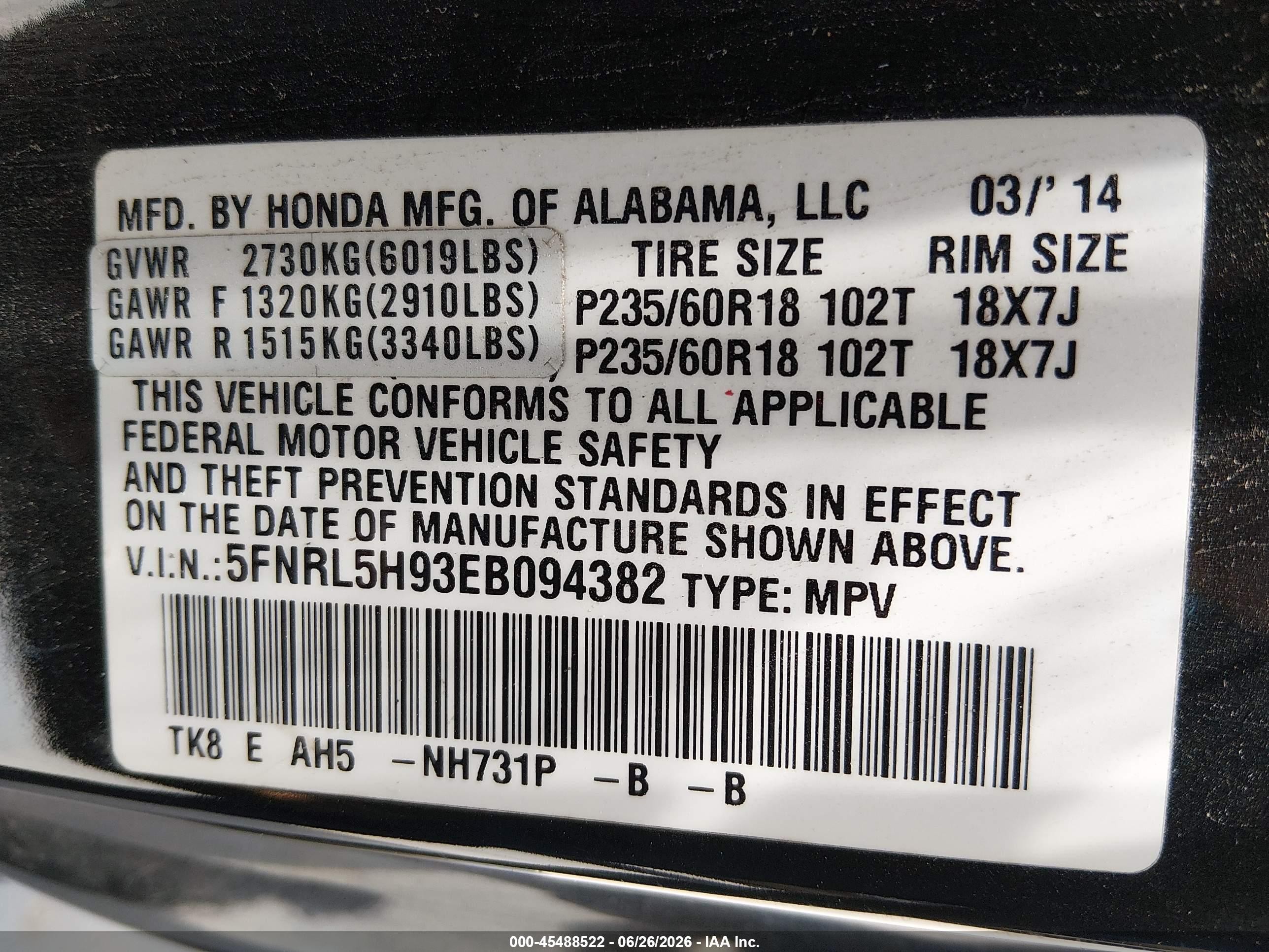 2014 Honda Odyssey Touring/touring Elite Black vin: 5FNRL5H93EB094382