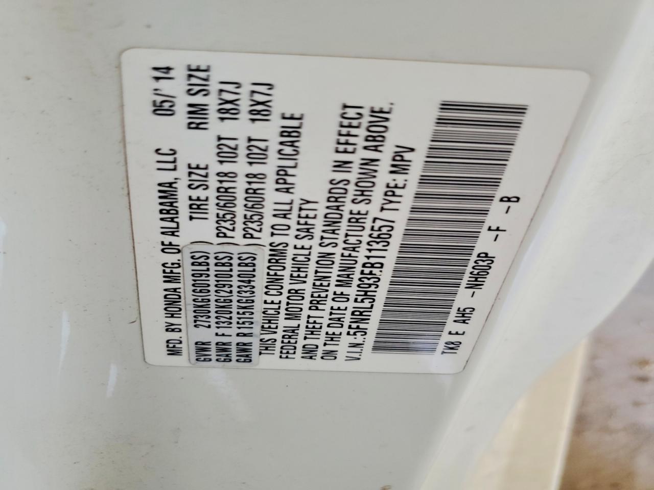 2014 Honda Odyssey Touring White vin: 5FNRL5H93EB113657