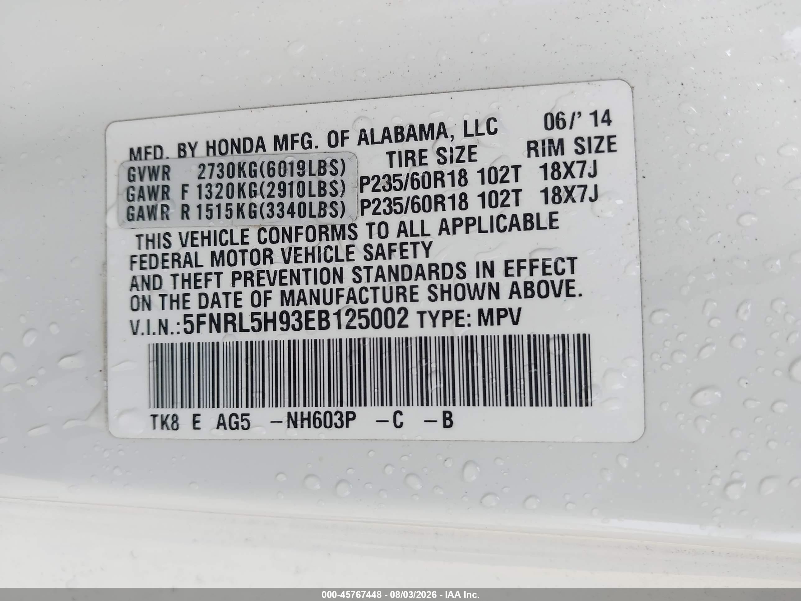 2014 Honda Odyssey Touring/touring Elite White vin: 5FNRL5H93EB125002