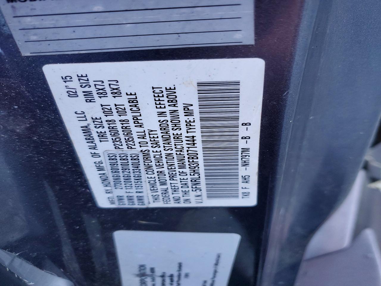 2015 Honda Odyssey Touring Charcoal vin: 5FNRL5H93FB071444