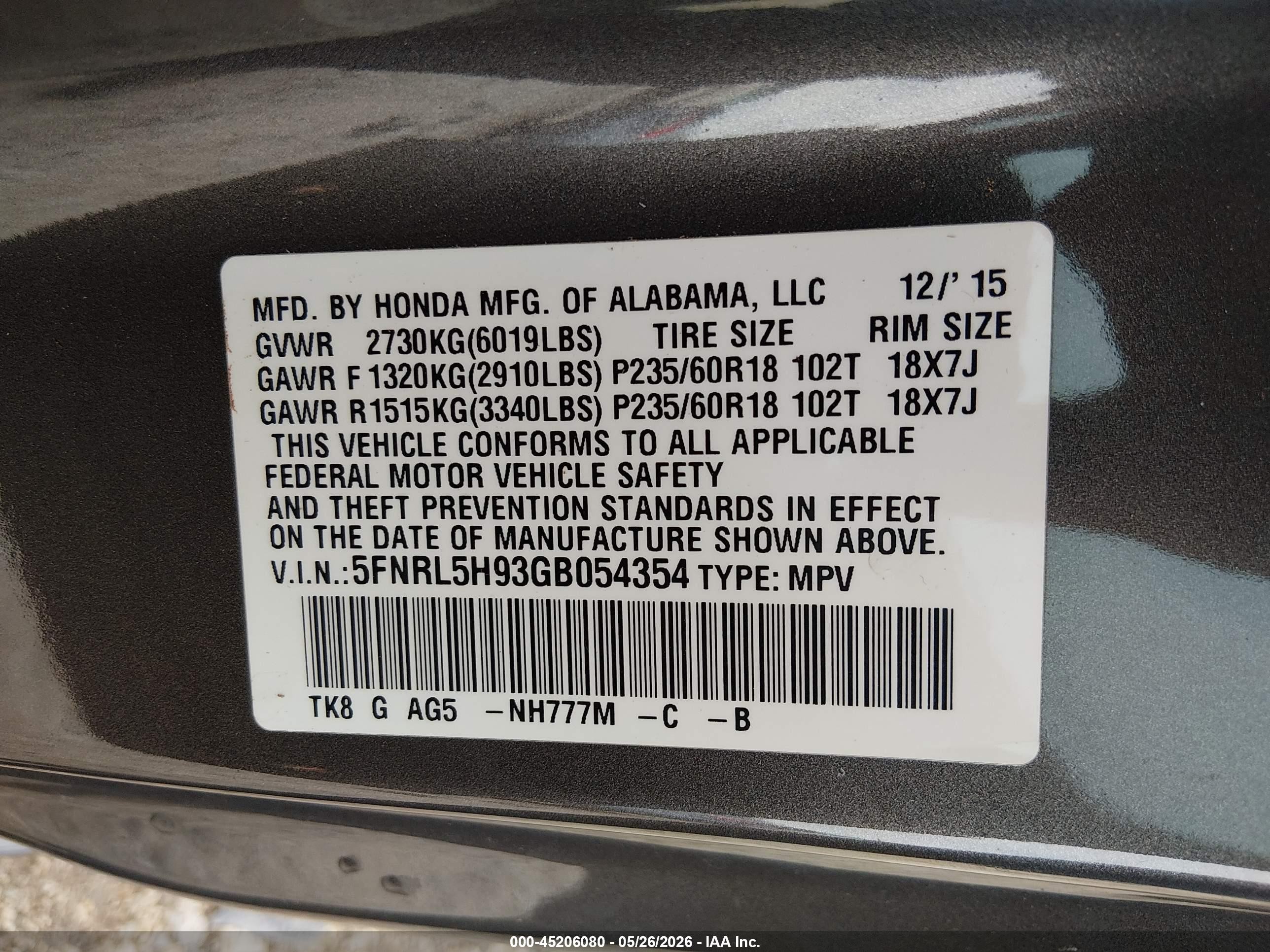 2016 Honda Odyssey Touring/touring Elite Gray vin: 5FNRL5H93GB054354