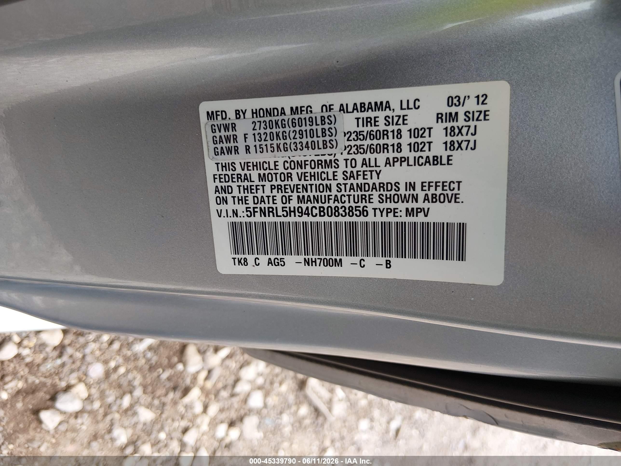 2012 Honda Odyssey Touring/touring Elite Silver vin: 5FNRL5H94CB083856