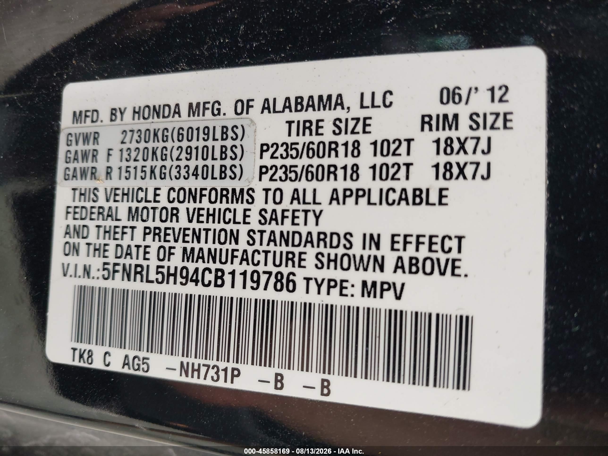 2012 Honda Odyssey Touring/touring Elite Black vin: 5FNRL5H94CB119786