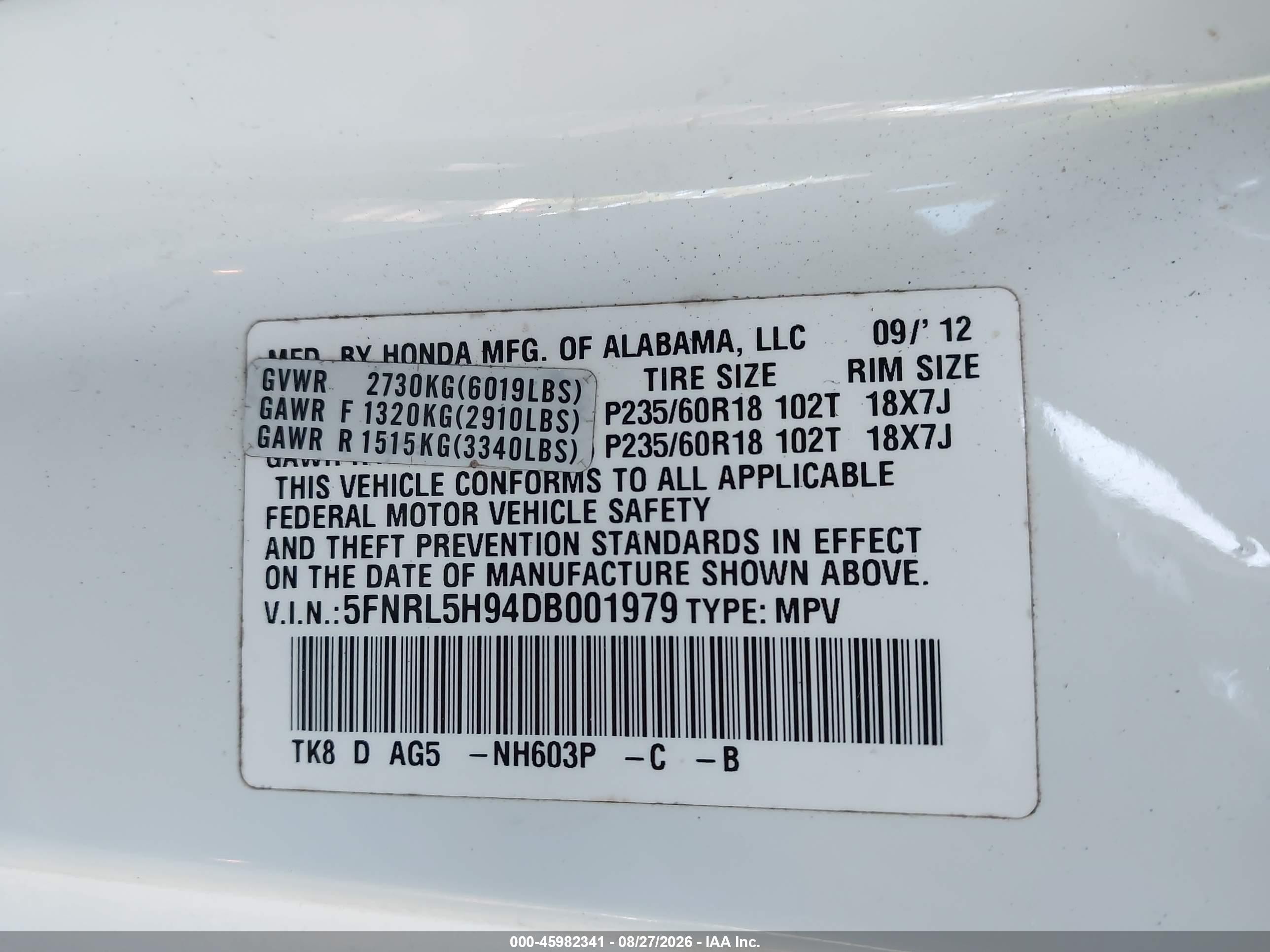 2013 Honda Odyssey Touring/touring Elite White vin: 5FNRL5H94DB001979