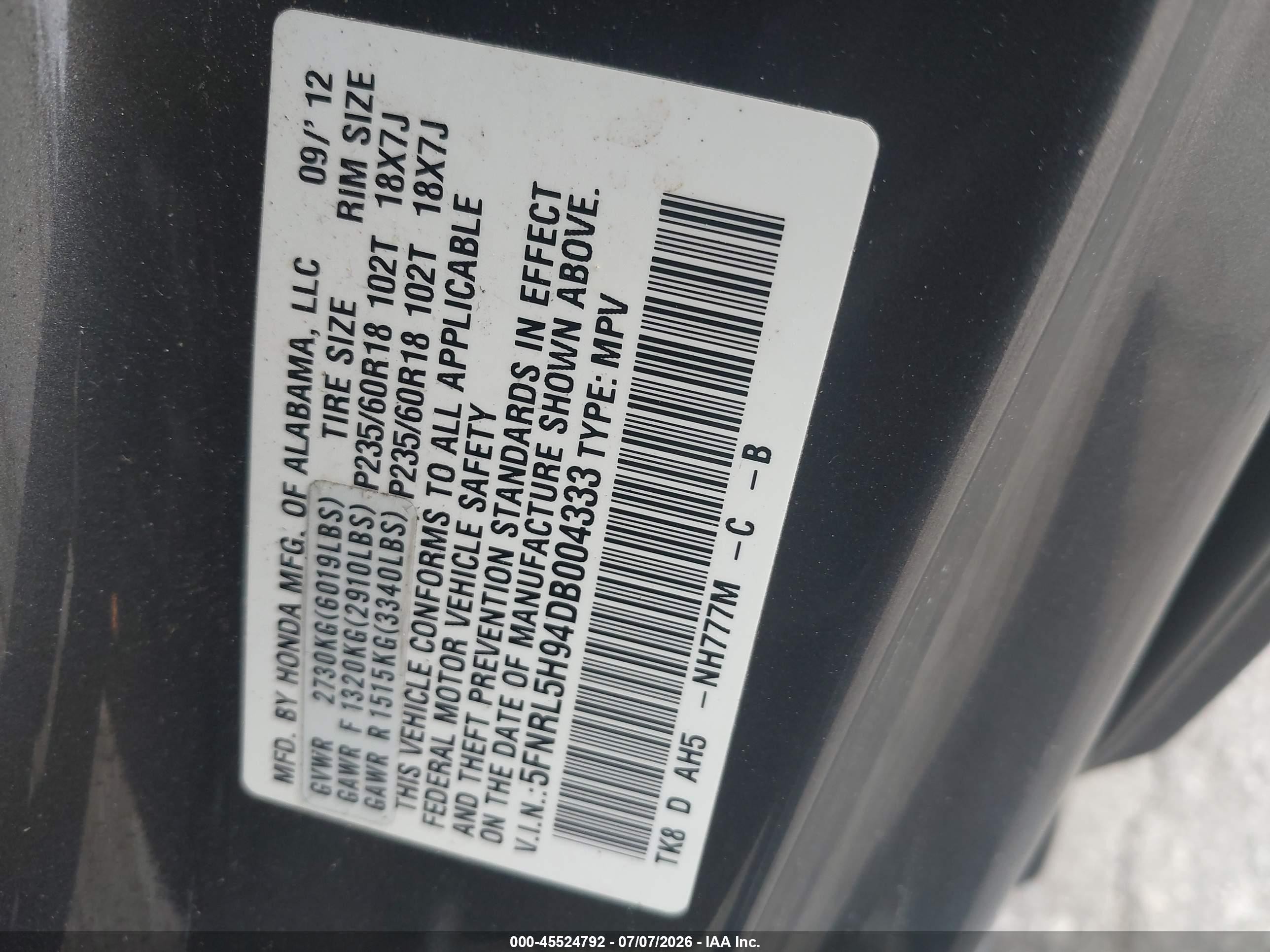 2013 Honda Odyssey Touring/touring Elite Gray vin: 5FNRL5H94DB004333