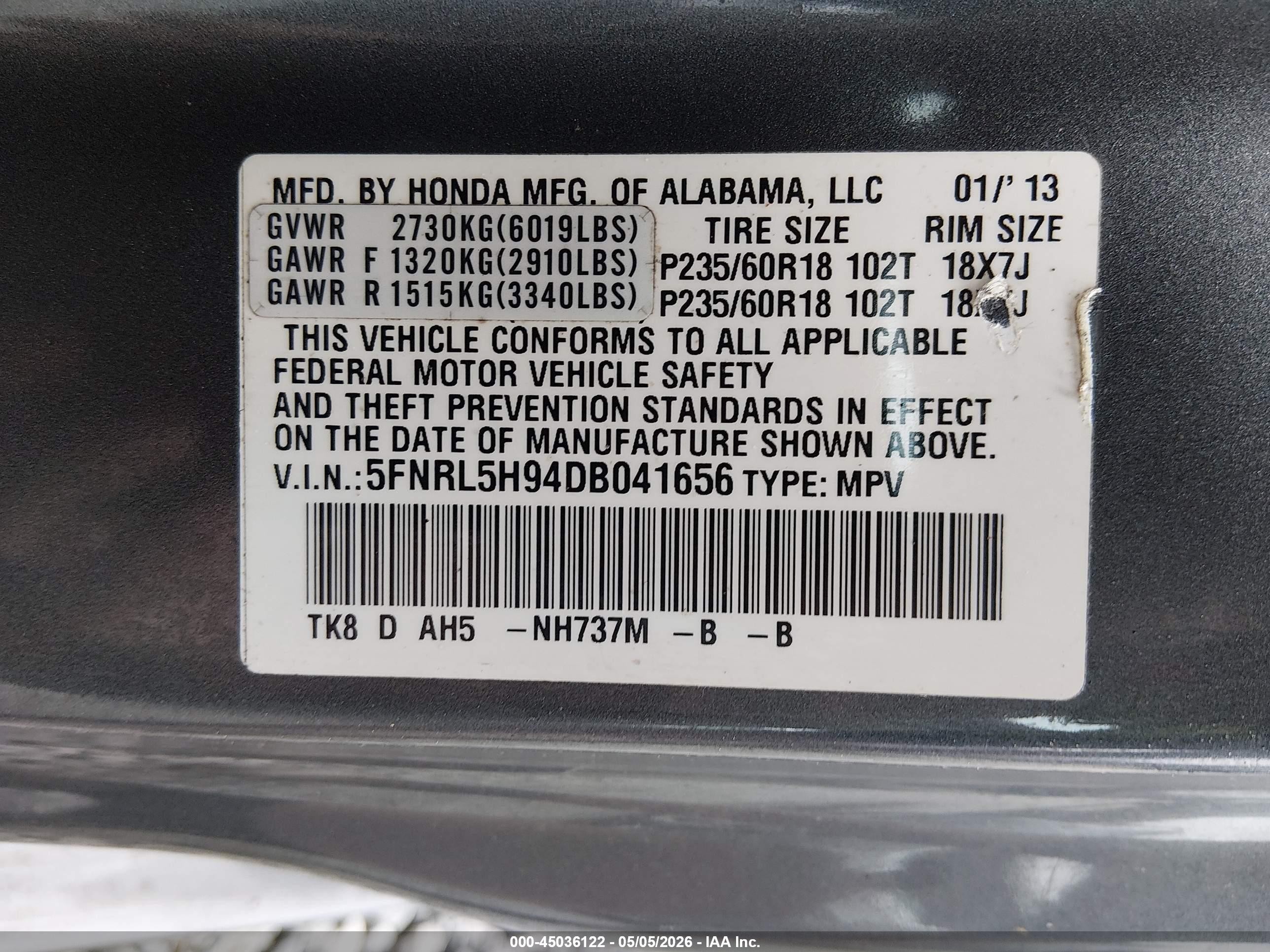 2013 Honda Odyssey Touring/touring Elite Gray vin: 5FNRL5H94DB041656