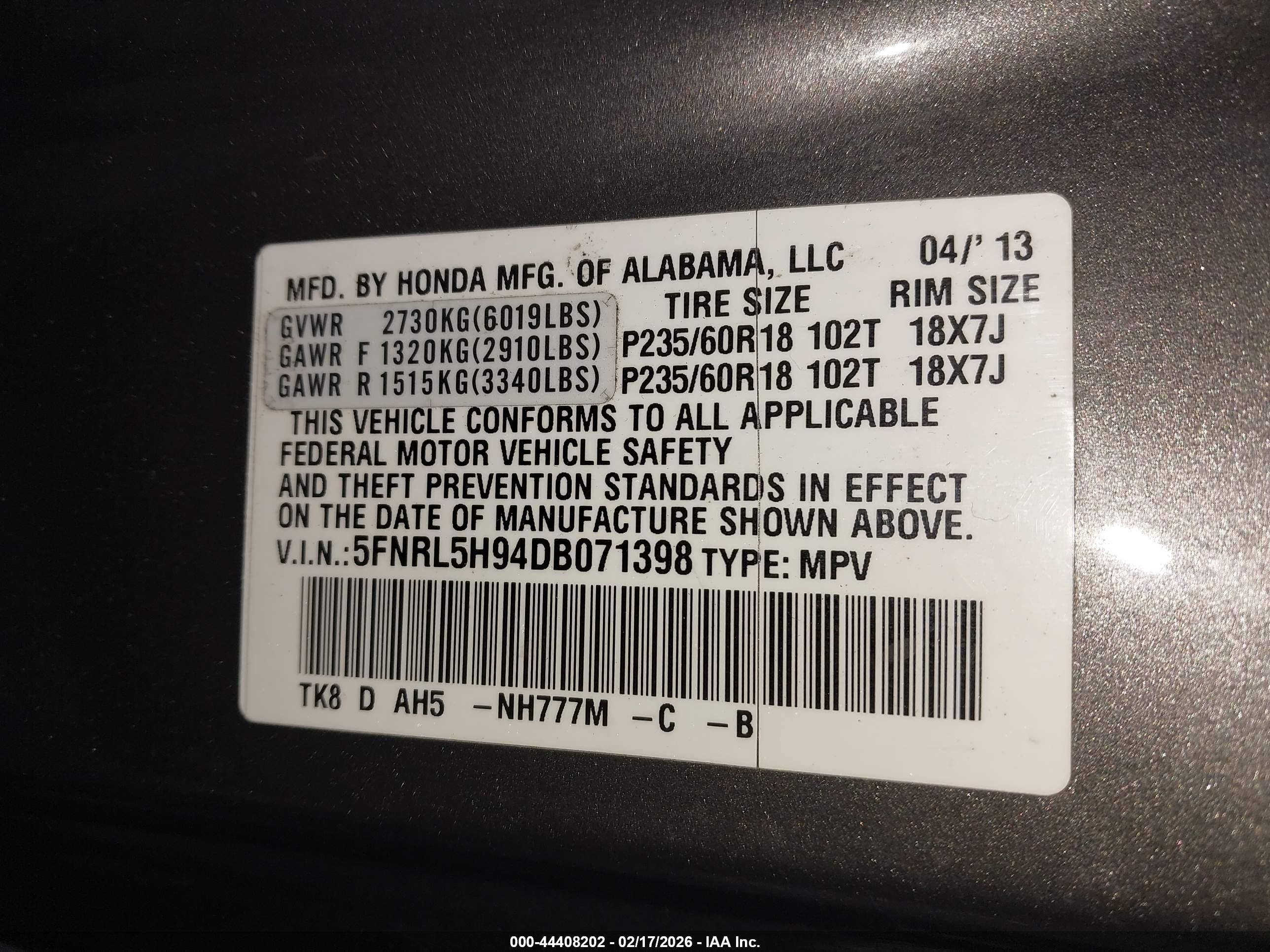 2013 Honda Odyssey Touring/touring Elite Серый vin: 5FNRL5H94DB071398