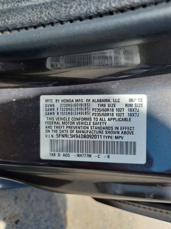 2013 Honda Odyssey Touring Silver vin: 5FNRL5H94DB092011