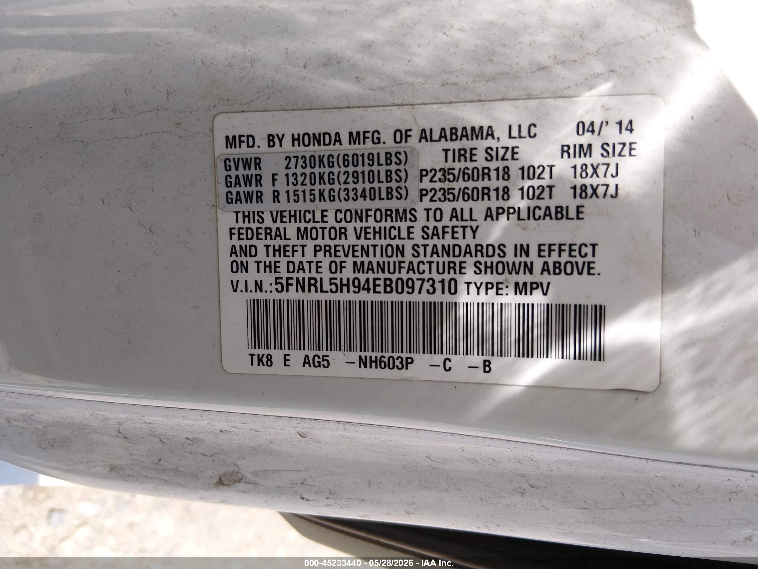 2014 Honda Odyssey Touring/touring Elite White vin: 5FNRL5H94EB097310