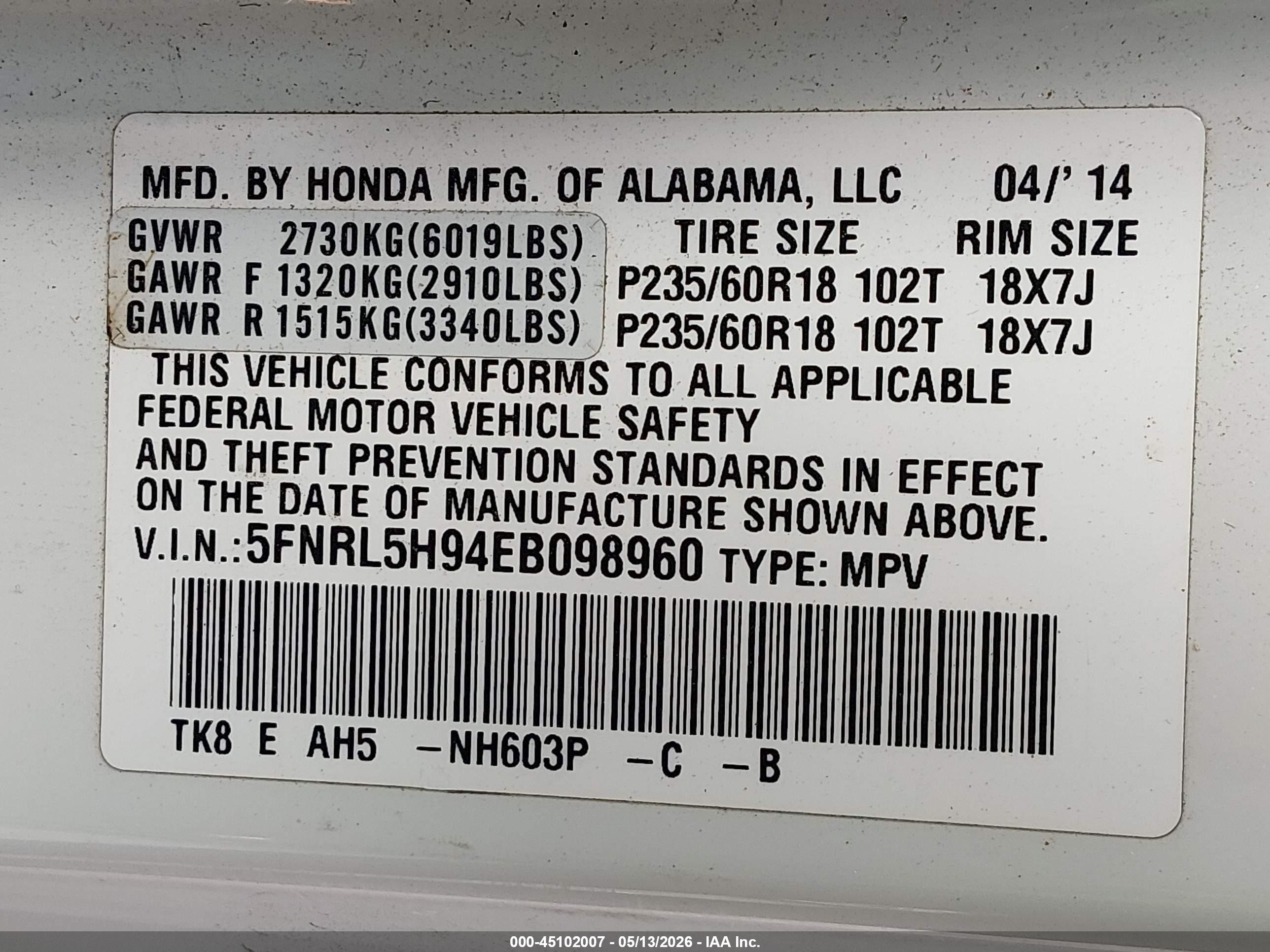 2014 Honda Odyssey Touring/touring Elite White vin: 5FNRL5H94EB098960
