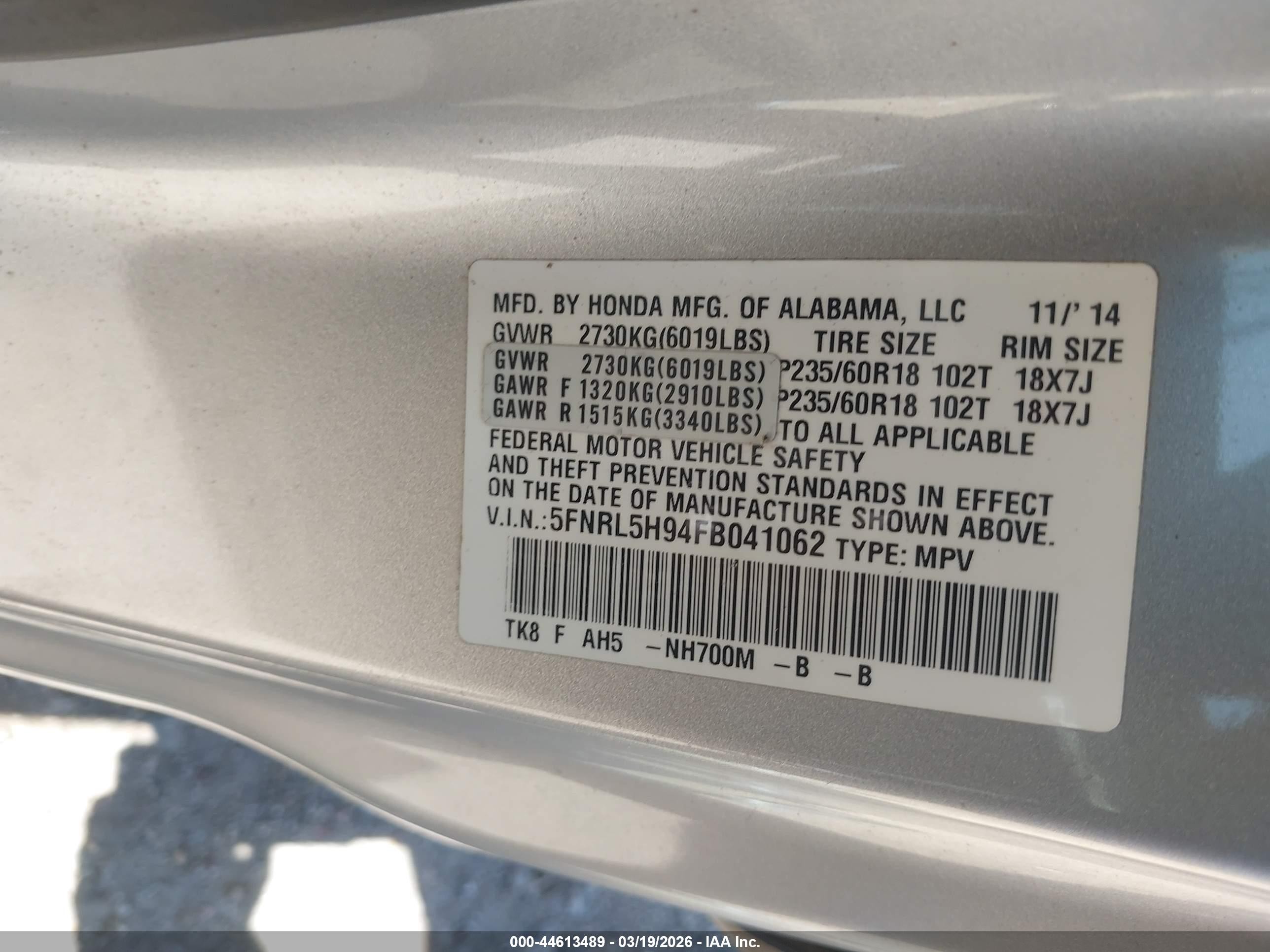 2015 Honda Odyssey Touring/touring Elite Silver vin: 5FNRL5H94FB041062