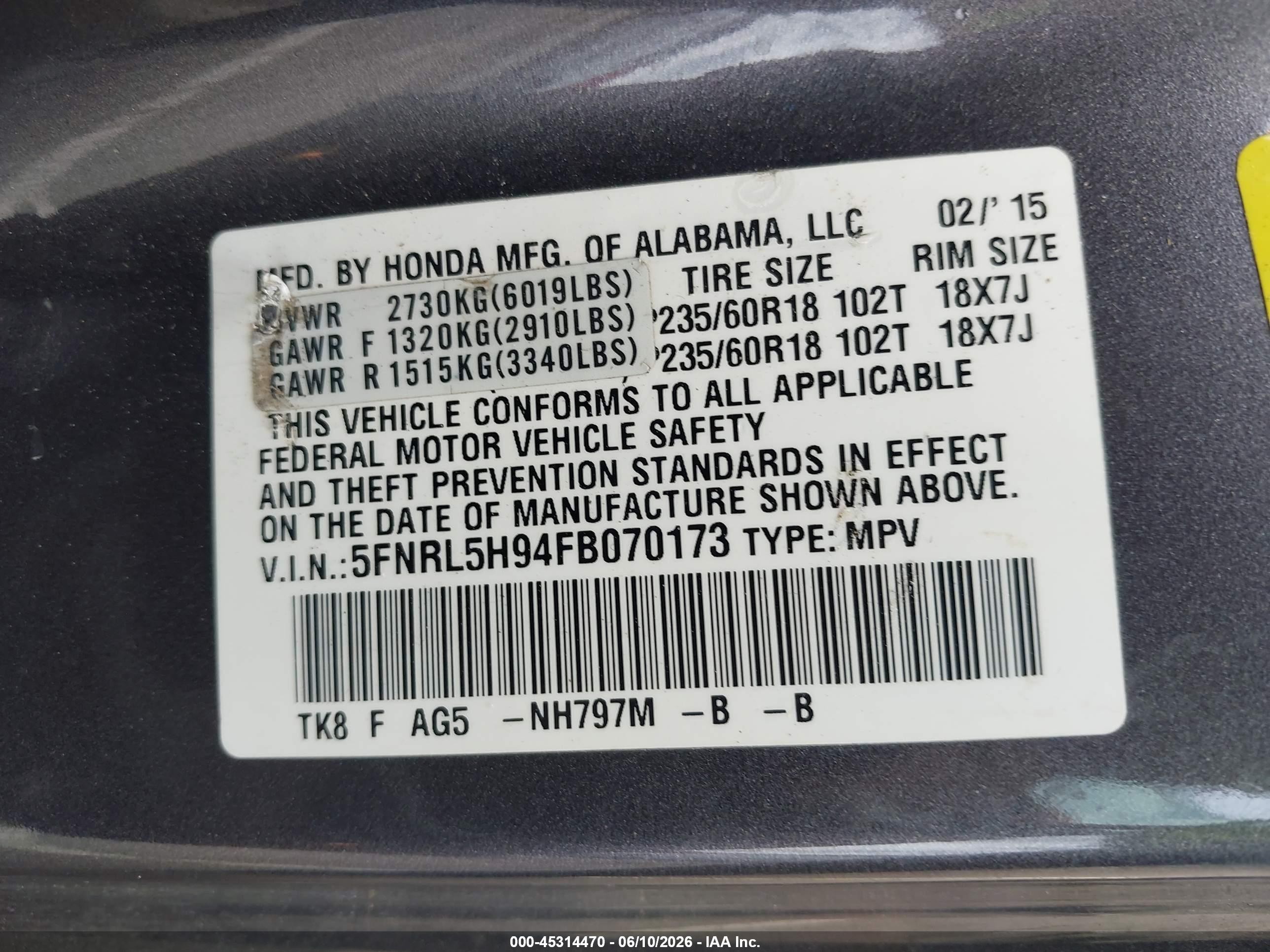 2015 Honda Odyssey Touring/touring Elite Gray vin: 5FNRL5H94FB070173