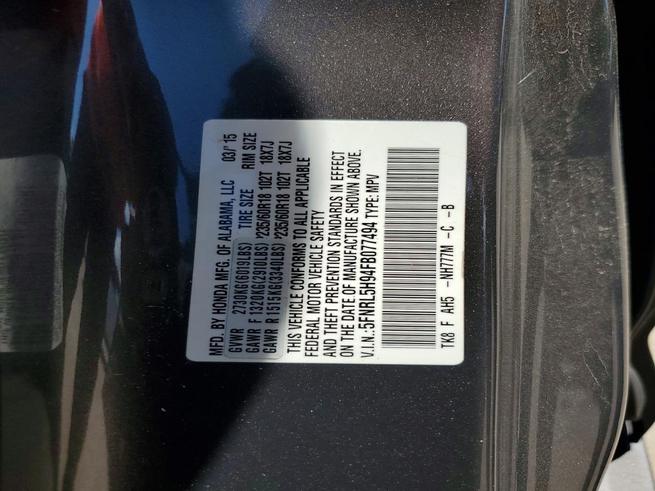 2015 Honda Odyssey Touring Silver vin: 5FNRL5H94FB077494