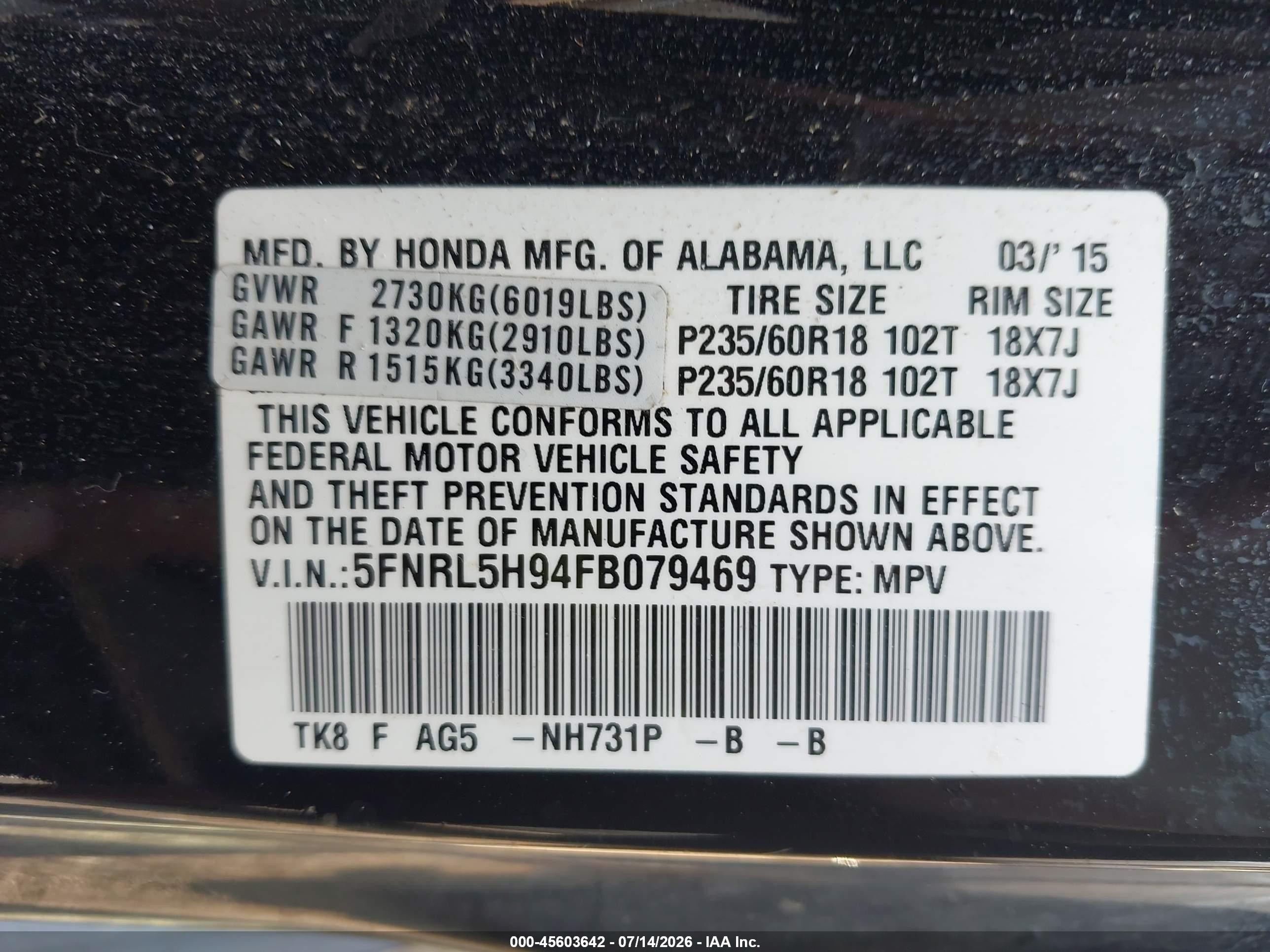 2015 Honda Odyssey Touring/touring Elite Black vin: 5FNRL5H94FB079469