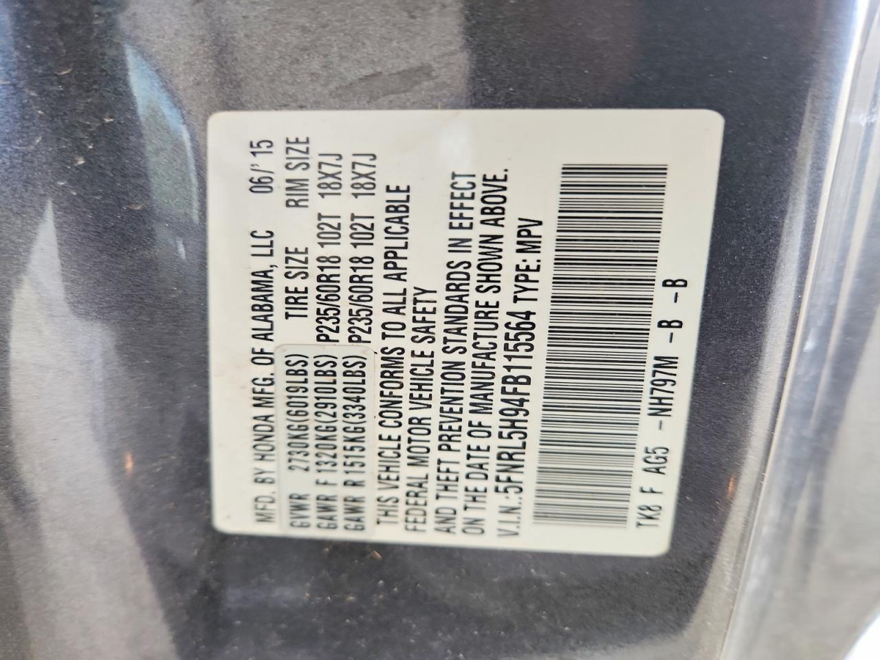 2015 Honda Odyssey Touring Gray vin: 5FNRL5H94FB115564