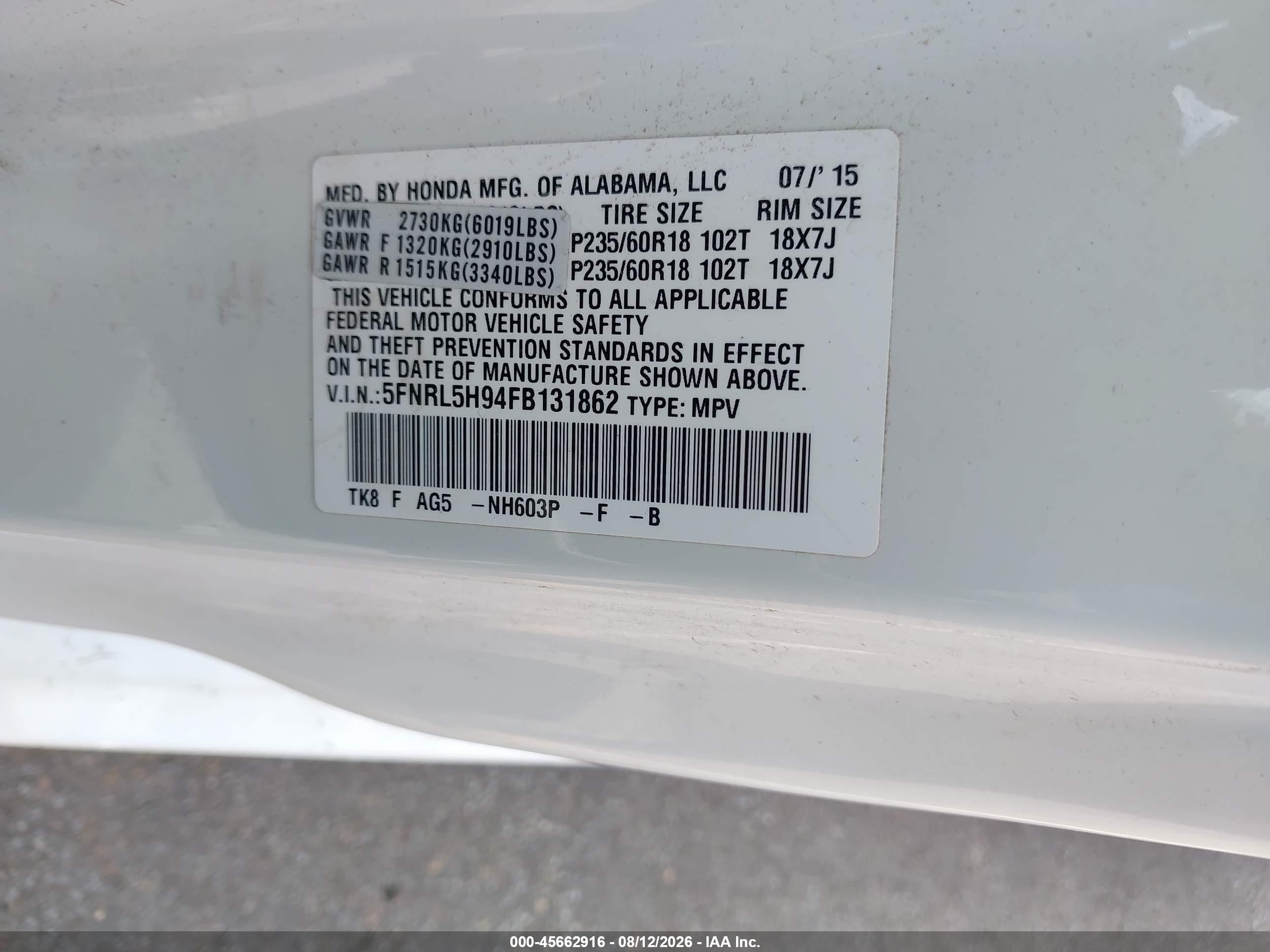 2015 Honda Odyssey Touring/touring Elite White vin: 5FNRL5H94FB131862