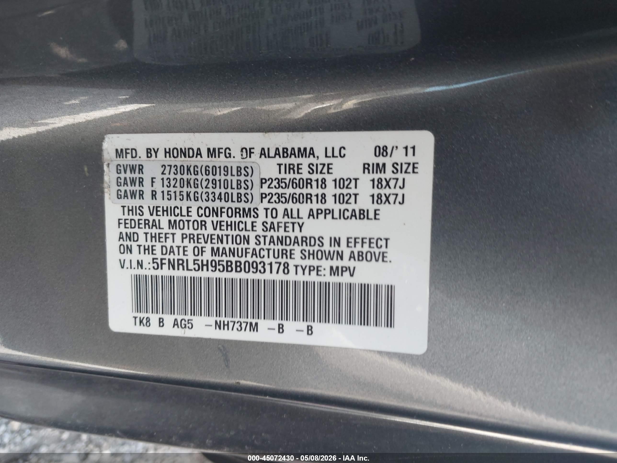 2011 Honda Odyssey Touring/touring Elite Gray vin: 5FNRL5H95BB093178