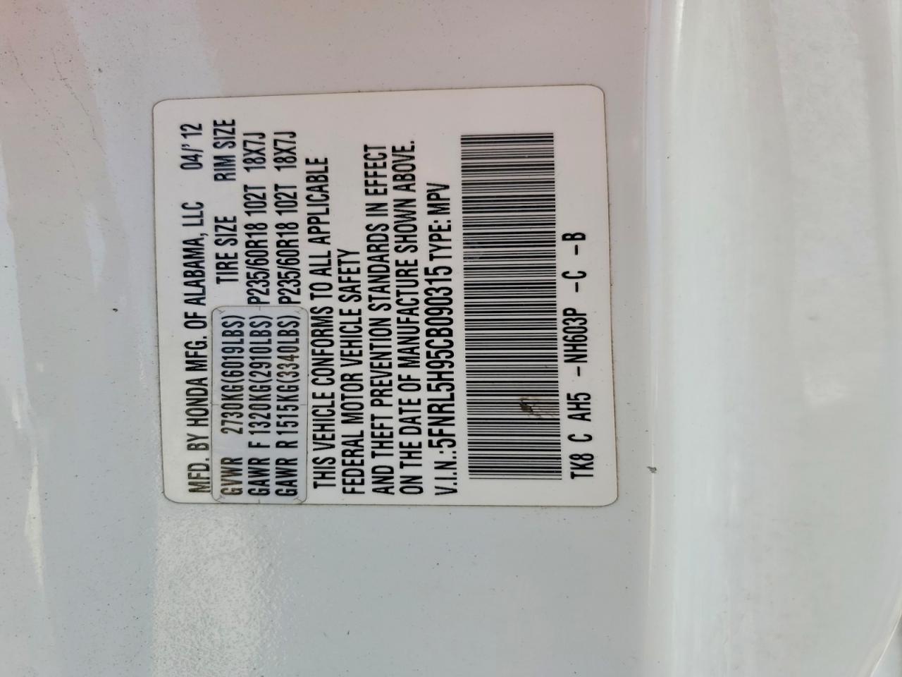 2012 Honda Odyssey Touring White vin: 5FNRL5H95CB090315