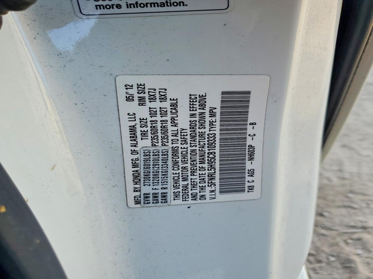 2012 Honda Odyssey Touring White vin: 5FNRL5H95CB109333