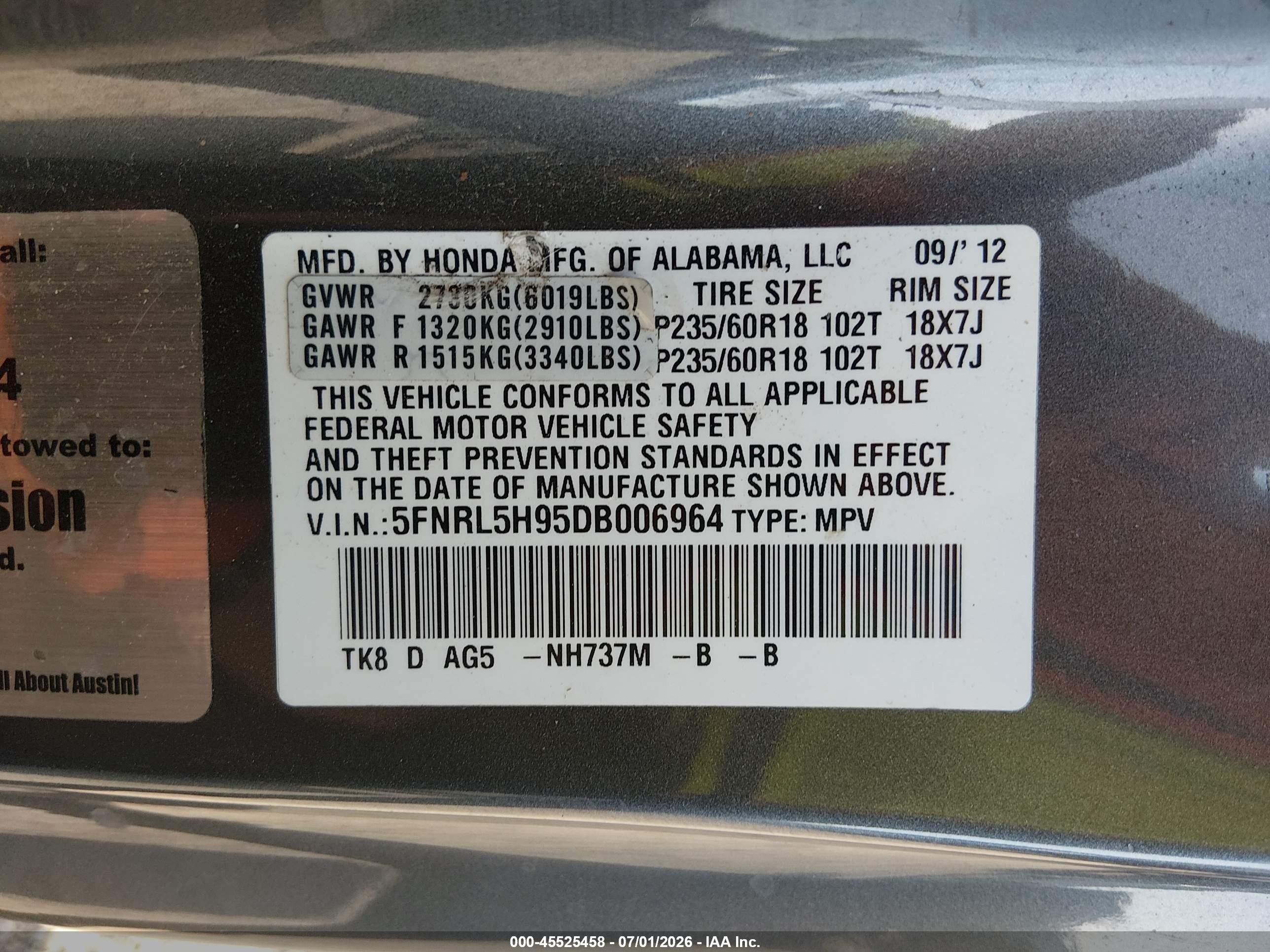 2013 Honda Odyssey Touring/touring Elite Gray vin: 5FNRL5H95DB006964