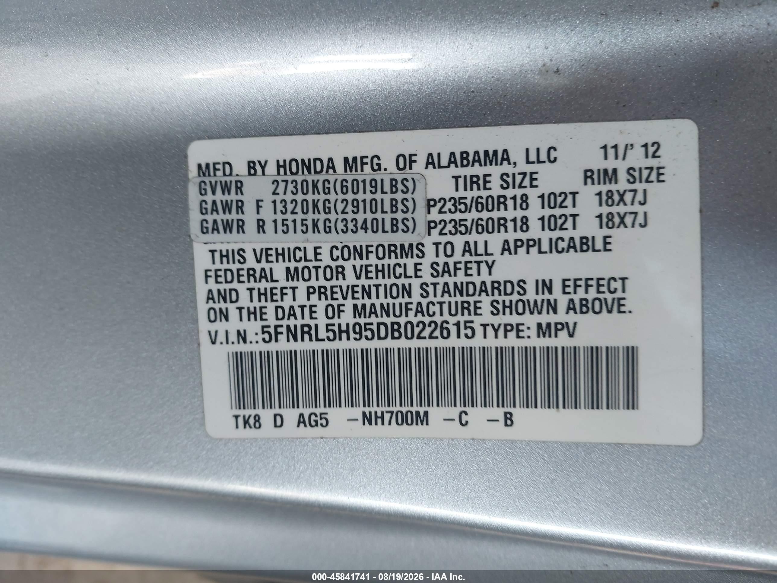 2013 Honda Odyssey Touring/touring Elite Silver vin: 5FNRL5H95DB022615