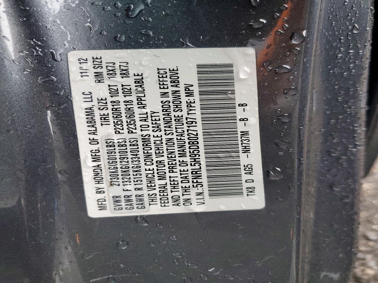 2013 Honda Odyssey Touring Gray vin: 5FNRL5H95DB027197