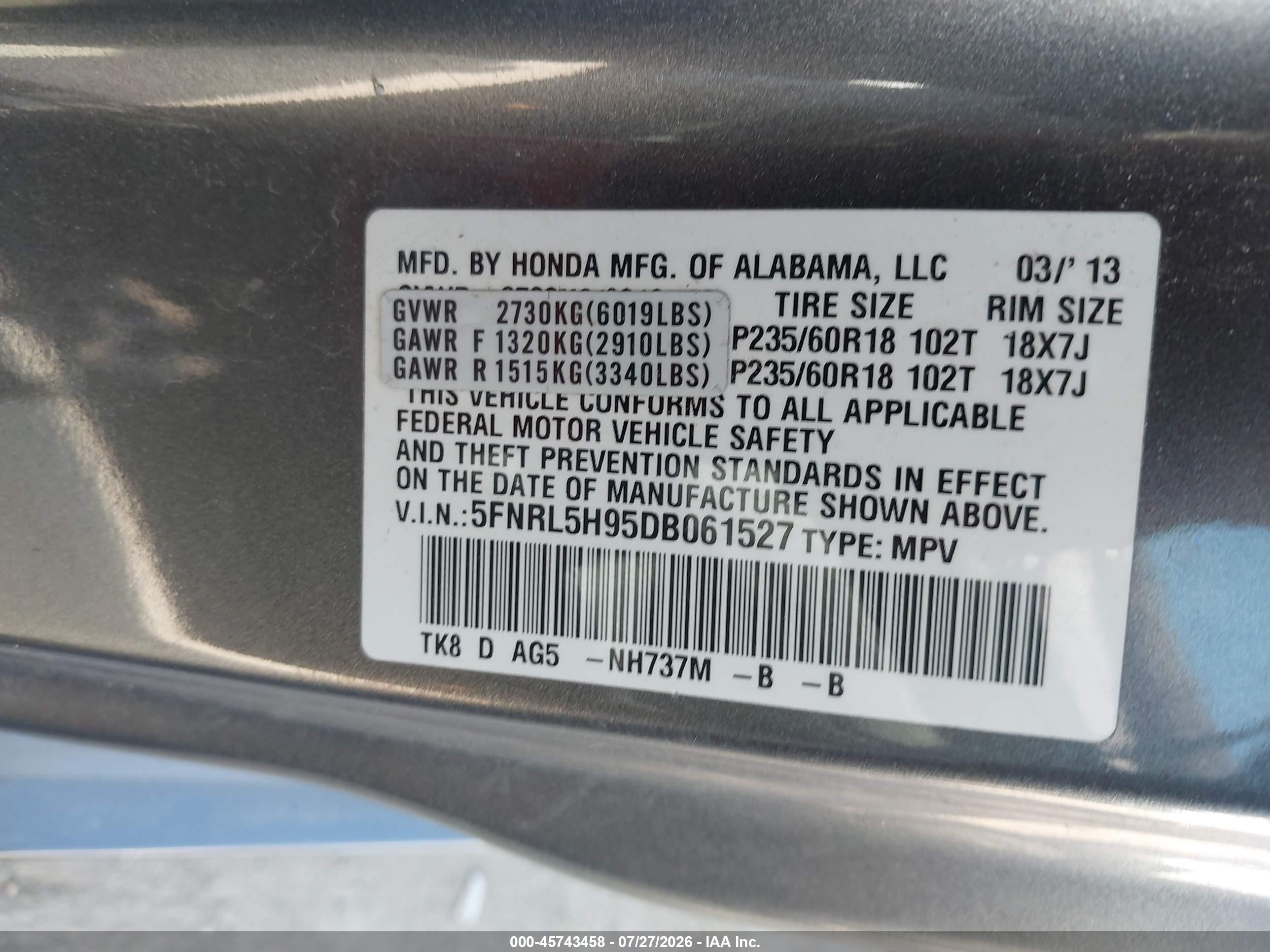 2013 Honda Odyssey Touring/touring Elite Gray vin: 5FNRL5H95DB061527