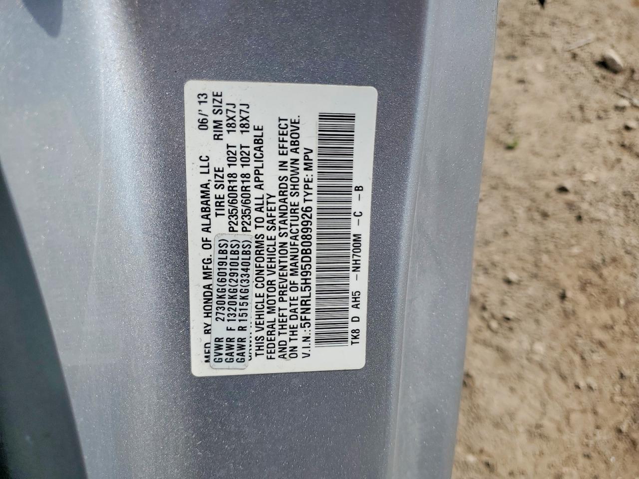 2013 Honda Odyssey Touring Silver vin: 5FNRL5H95DB089926