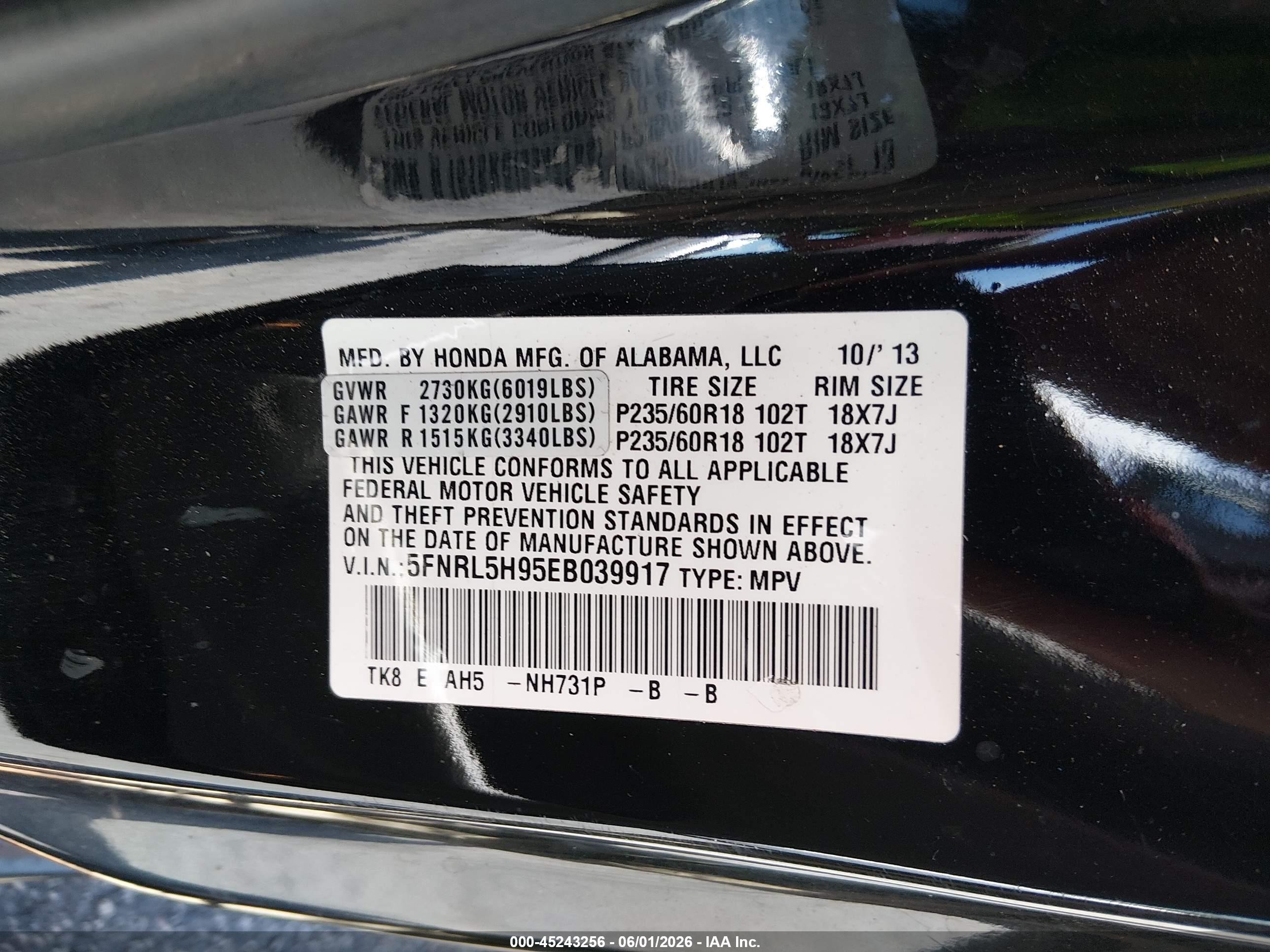 2014 Honda Odyssey Touring/touring Elite Black vin: 5FNRL5H95EB039917