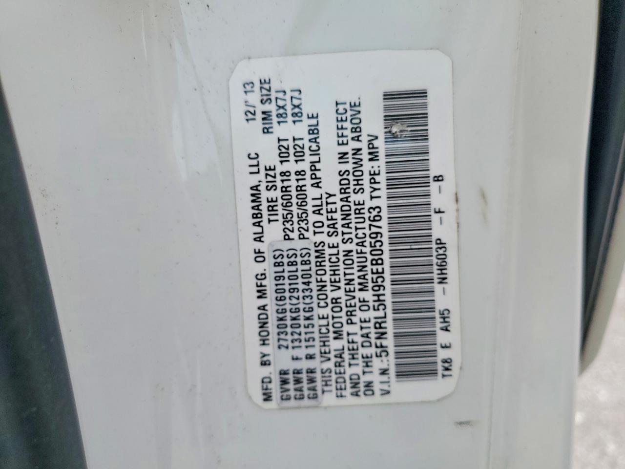 2014 Honda Odyssey Touring White vin: 5FNRL5H95EB059763