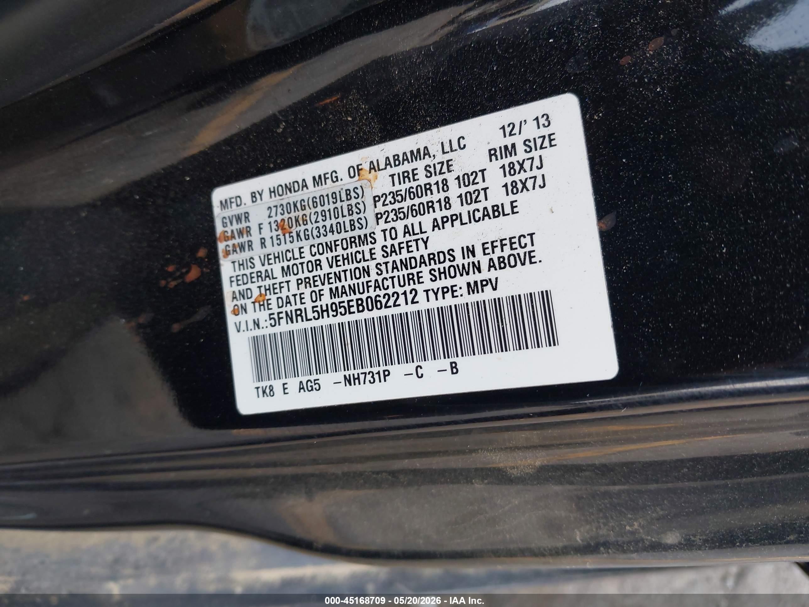 2014 Honda Odyssey Touring/touring Elite Black vin: 5FNRL5H95EB062212