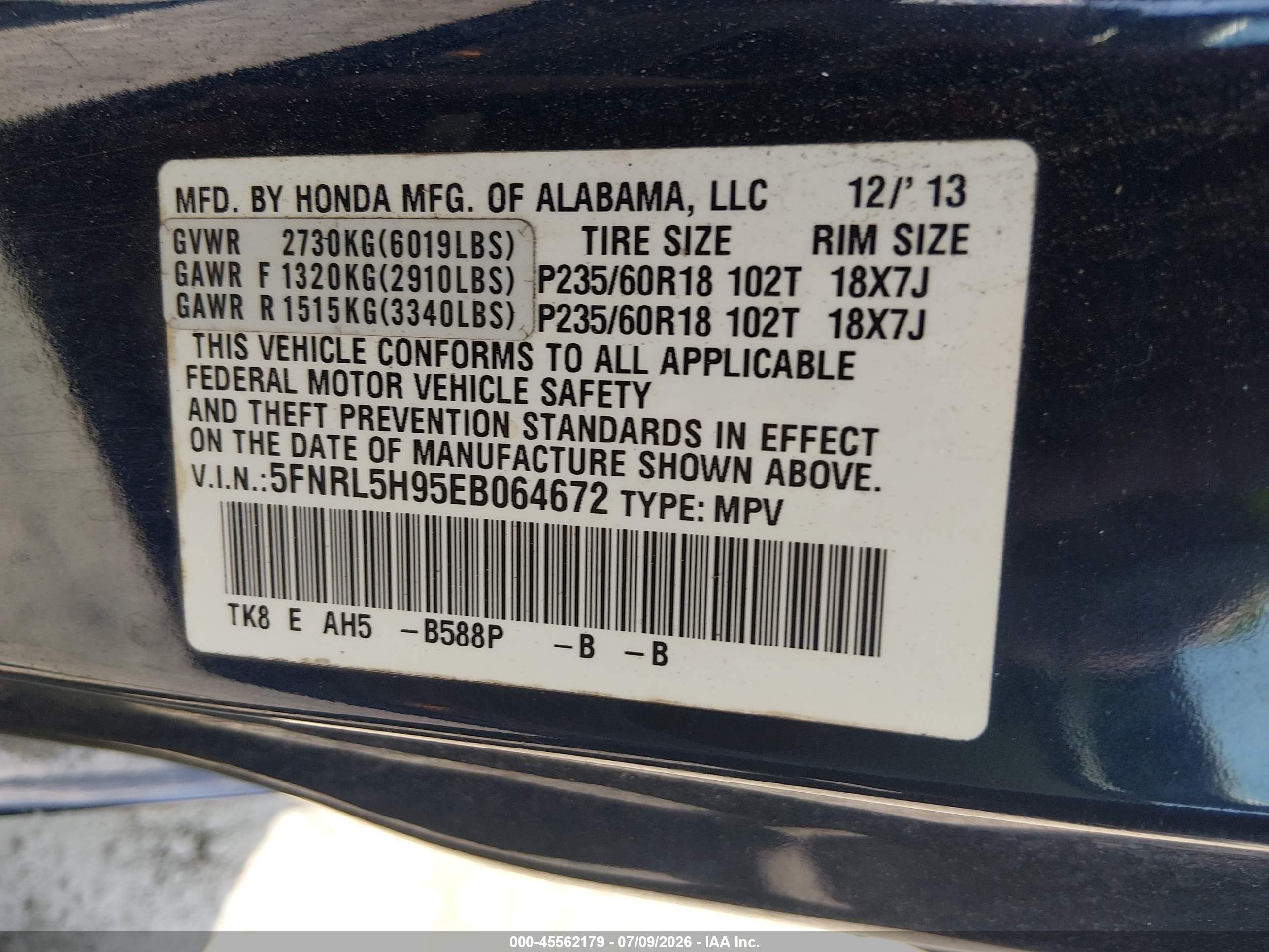 2014 Honda Odyssey Touring/touring Elite Blue vin: 5FNRL5H95EB064672