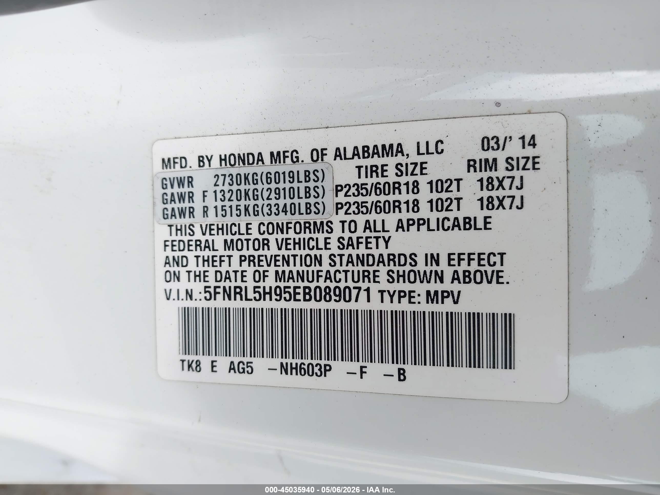 2014 Honda Odyssey Touring/touring Elite White vin: 5FNRL5H95EB089071