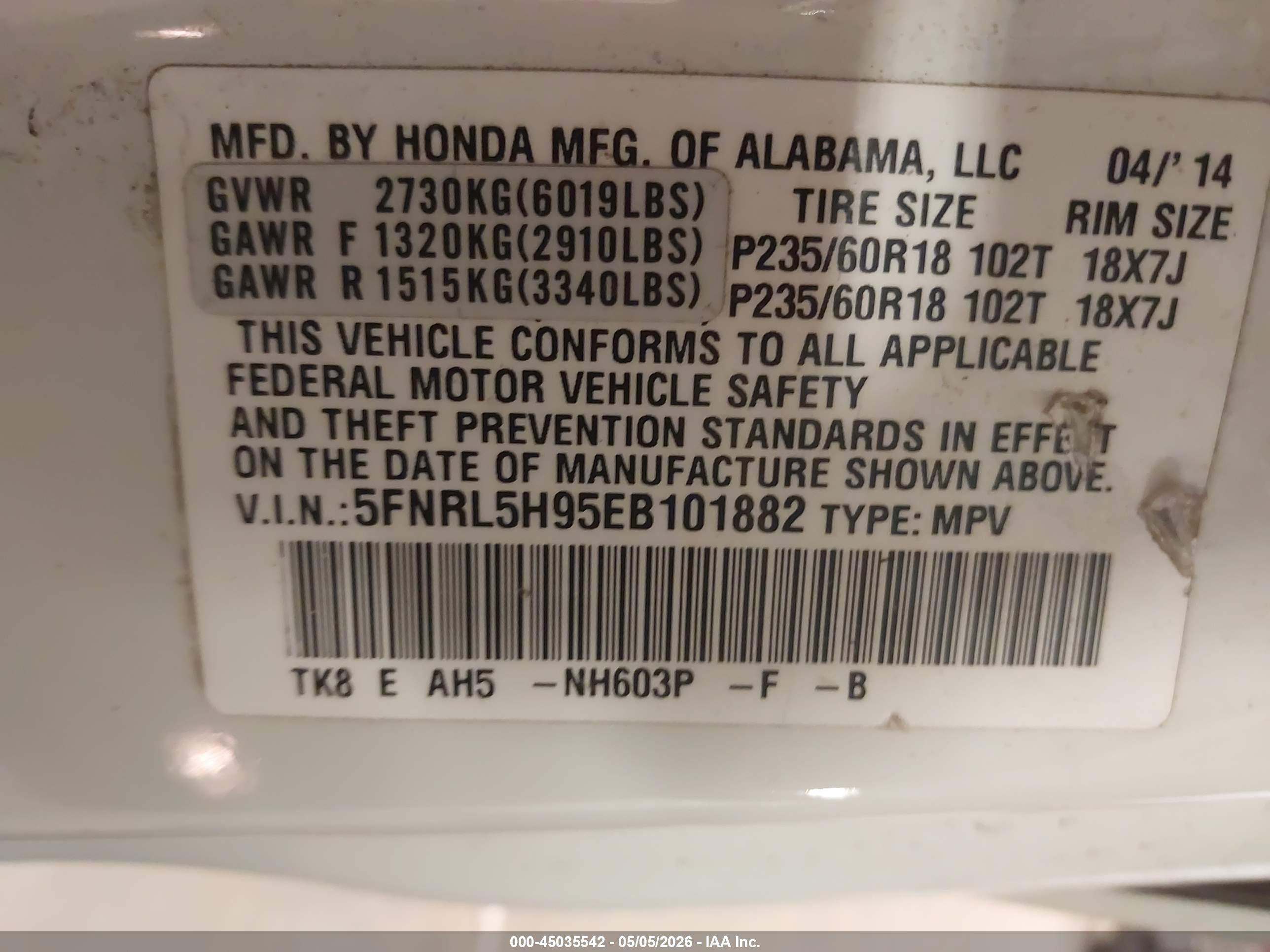 2014 Honda Odyssey Touring/touring Elite White vin: 5FNRL5H95EB101882
