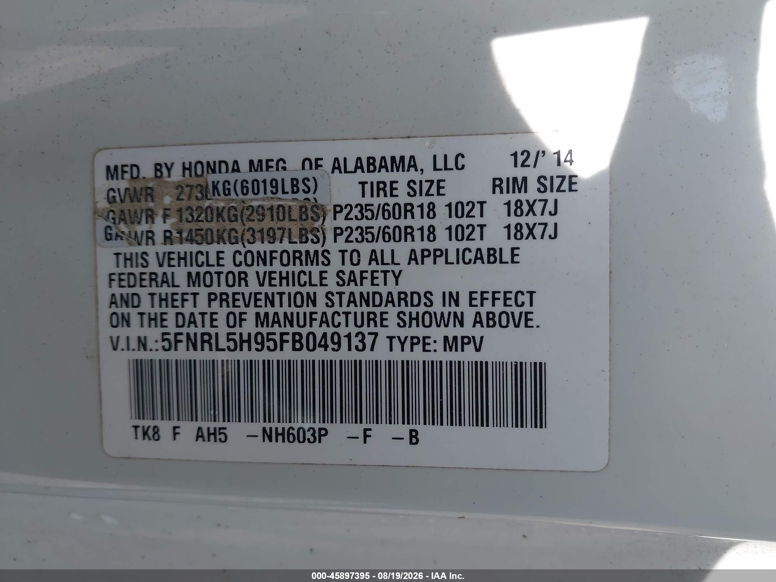 2015 Honda Odyssey Touring/touring Elite Белый vin: 5FNRL5H95FB049137