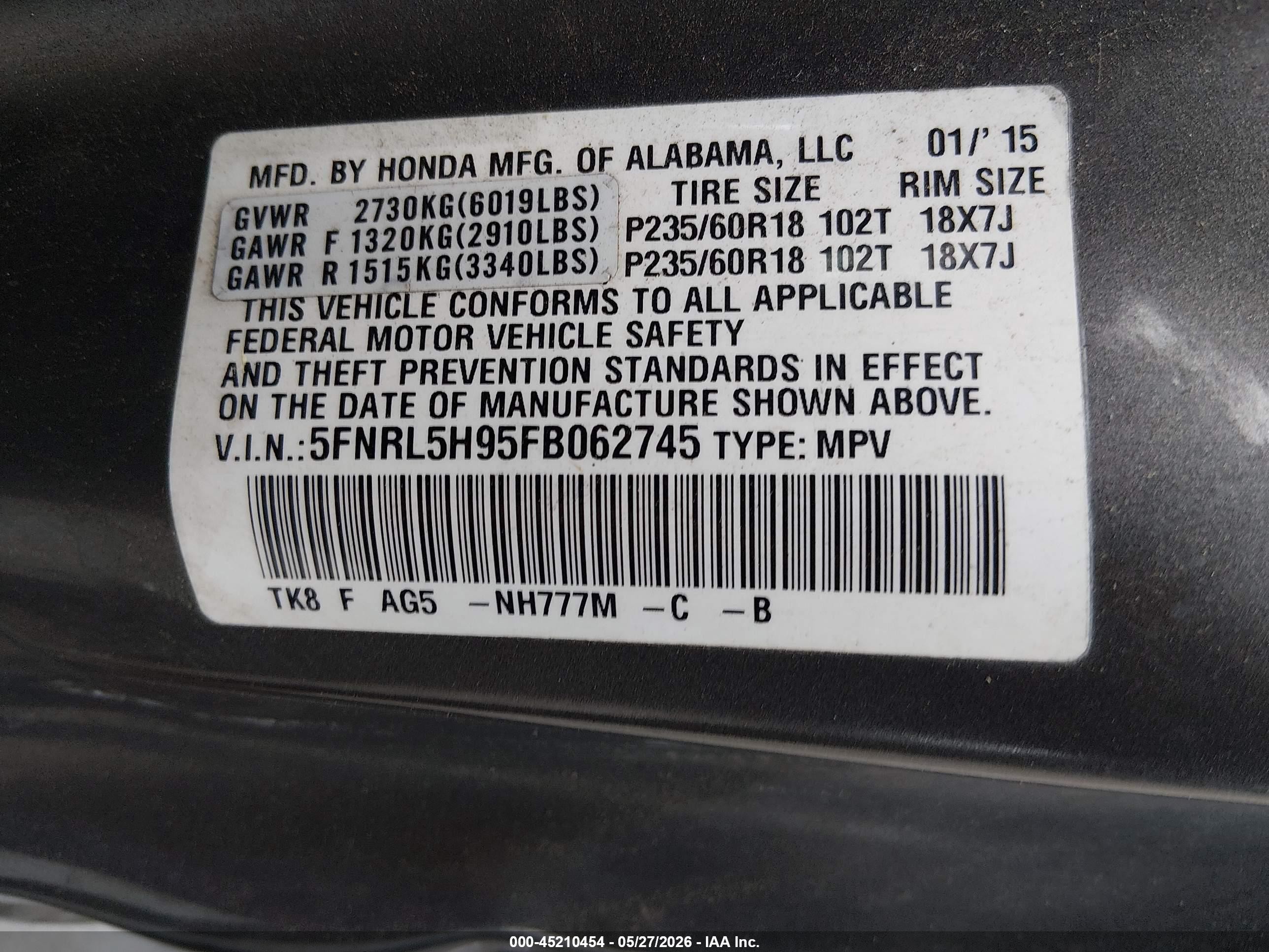 2015 Honda Odyssey Touring/touring Elite Gray vin: 5FNRL5H95FB062745