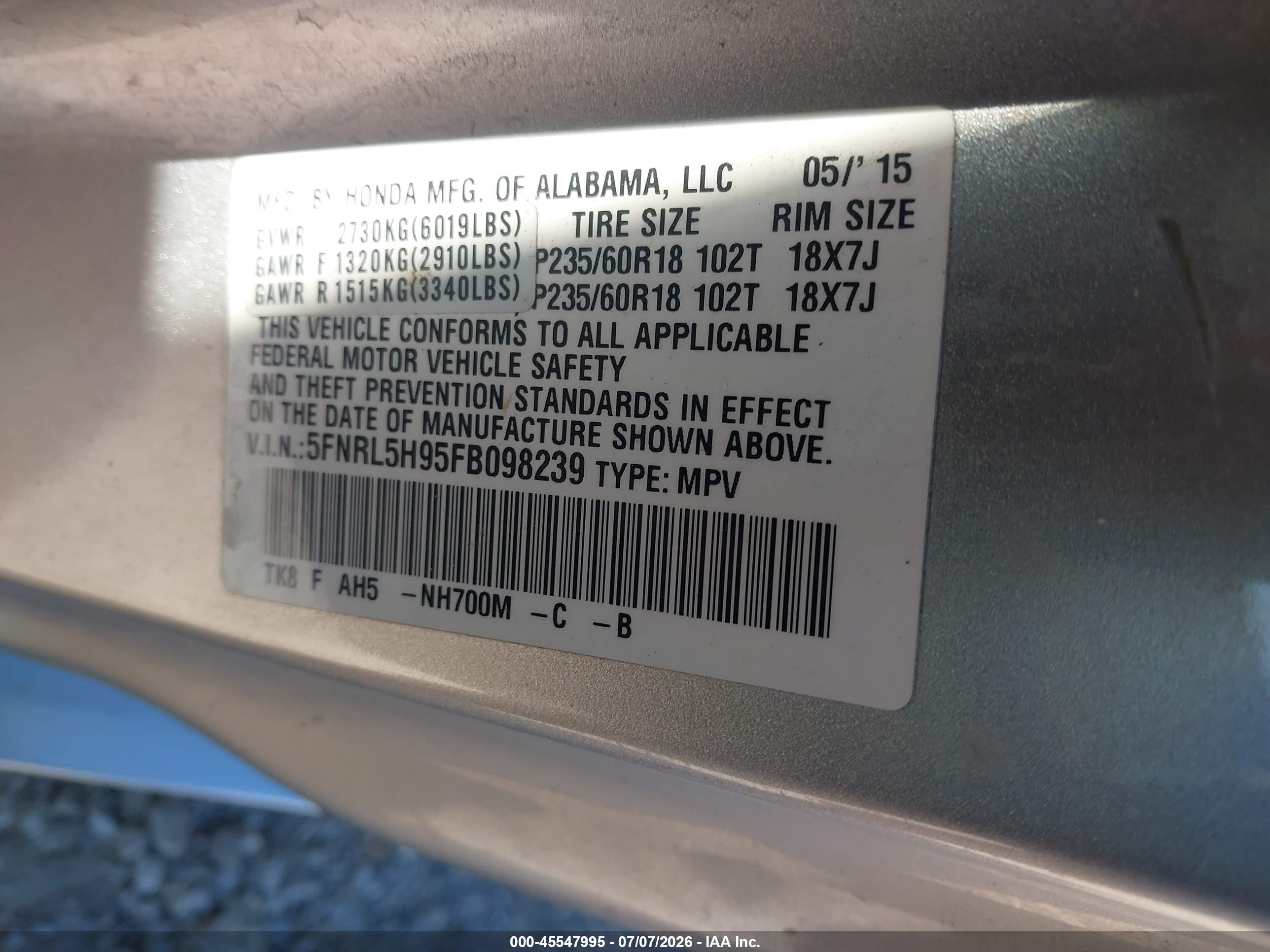2015 Honda Odyssey Touring/touring Elite Silver vin: 5FNRL5H95FB098239