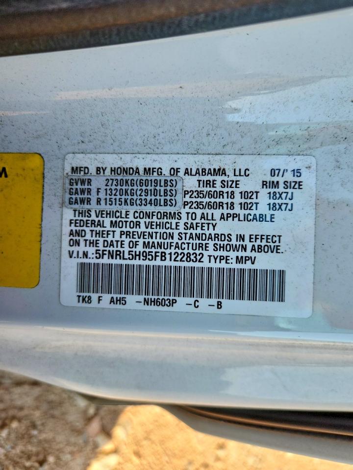 2015 Honda Odyssey Touring White vin: 5FNRL5H95FB122832